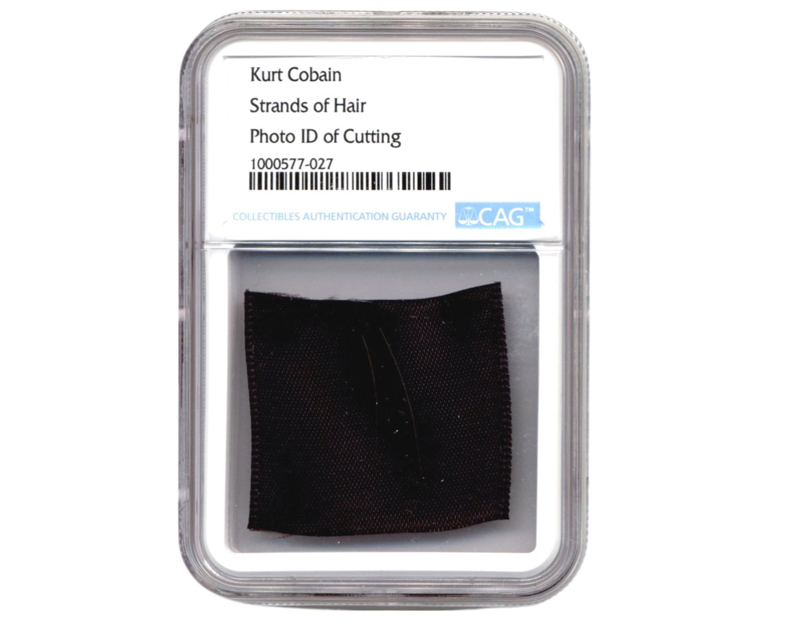 Kurt Cobain Strands of Hair, Collected by his Barber, CAG Encapsulated: Kurt Cobain Strands of Hair, Collected by his Barber, CAG Encapsulated Two strands of Kurt Cobain's hair, measuring approximately 1" and 1.5" in length, were taken from Cobain during the bleach tour o