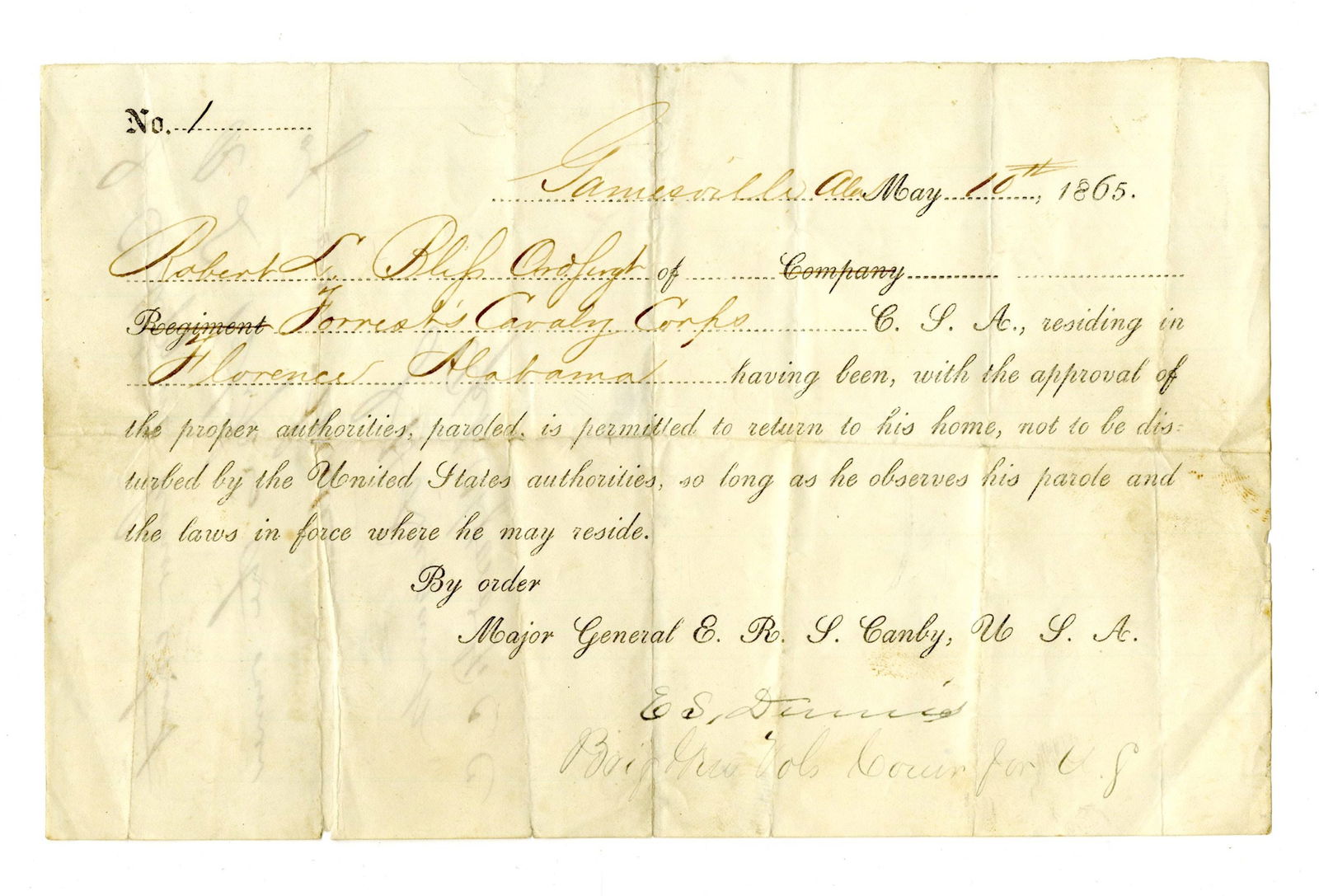1865 Parole Signed for Ordnance Sergent of Forrest's Cavalry Corps (1 of 3)