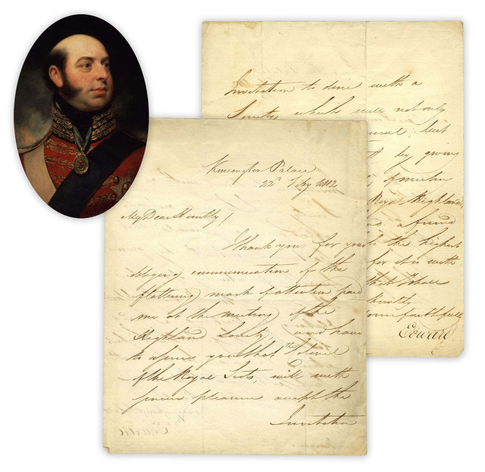 Victoria I's Father, Prince Edward, 1812 LS to Marquess of Huntly Re: "meeting of the Highland (1 of 4)
