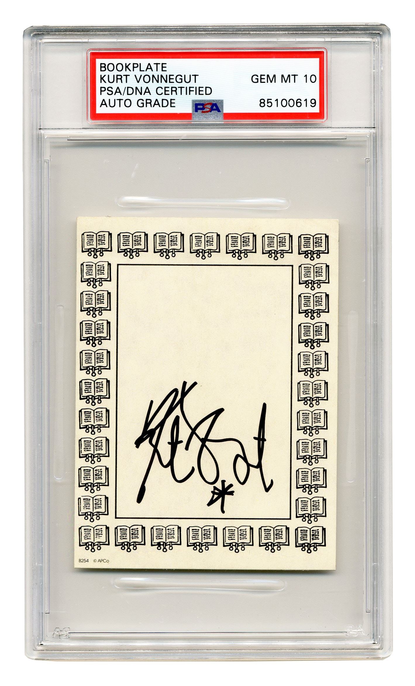 Kurt Vonnegut PSA GEM MT 10 Signed Bookplate: Kurt Vonnegut PSA GEM MT 10 Signed Bookplate A partly printed adhesive bookplate boldly signed by American author Kurt Vonnegut (1922-2007), in a cryptic combination of letters, lines, and symbols. N.