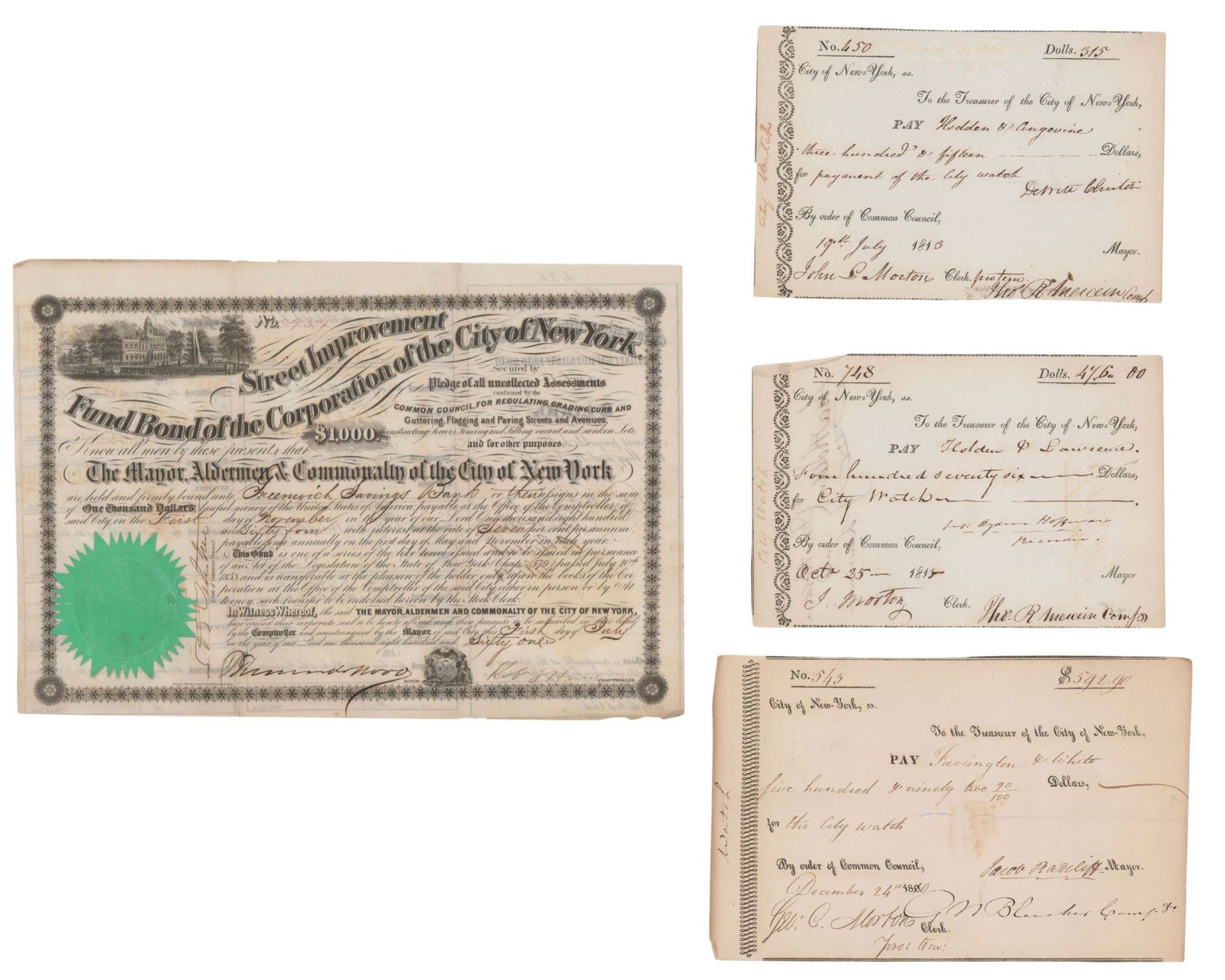 Dewitt Clinton & NYC Mayors Signed Checks Paying for the City Watch & Bonus NY Street Improvement (1 of 7)