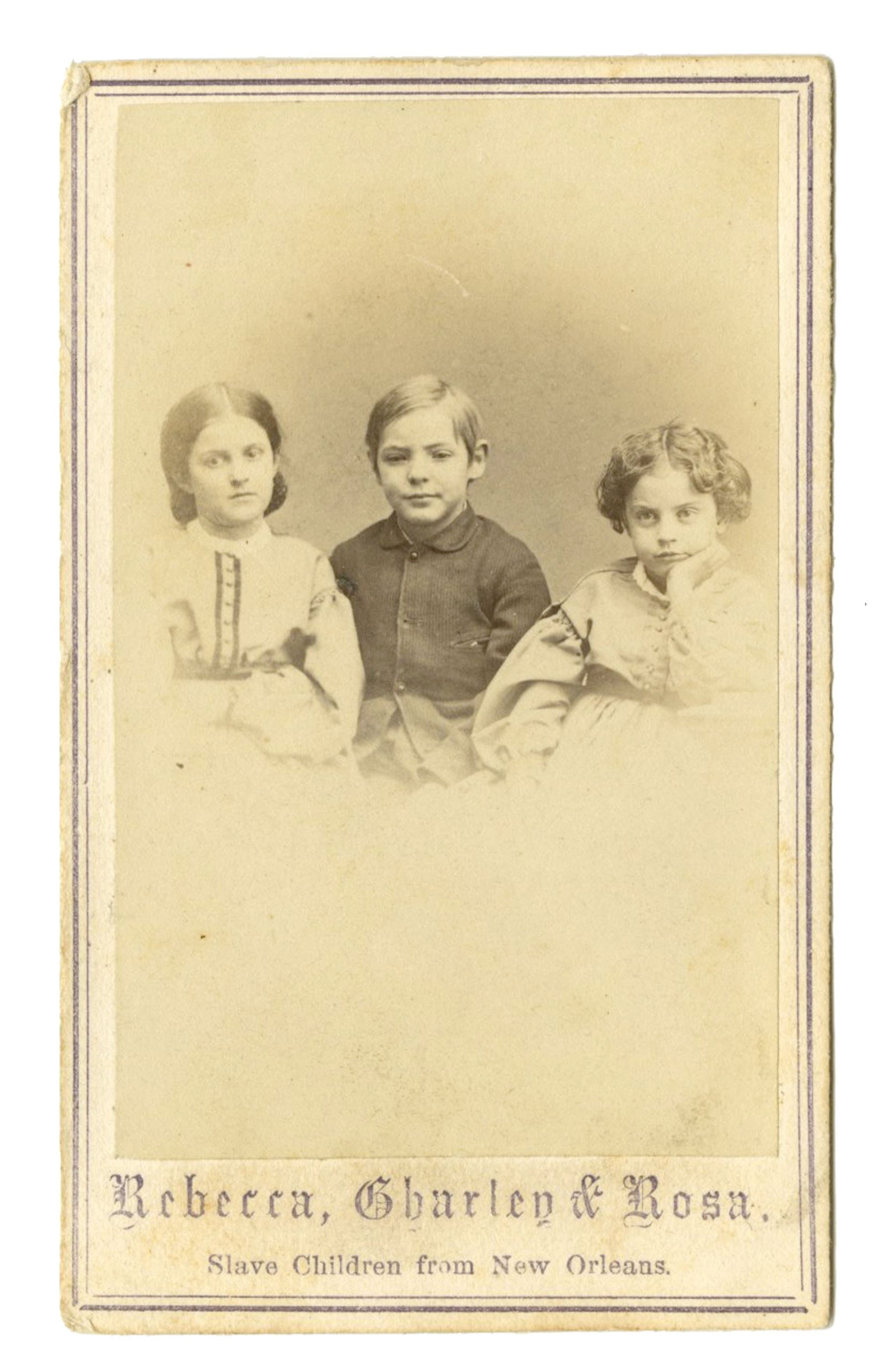 "Slave Children" Carte-de-Visite Used by Abolitionists to Support Education: "Slave Children" Carte-de-Visite Used by Abolitionists to Support Education A vignette portrait of slave children Rebecca Huger, Charles Taylor, and Rosina Downs, from New Orleans. Measuring 2.375" x