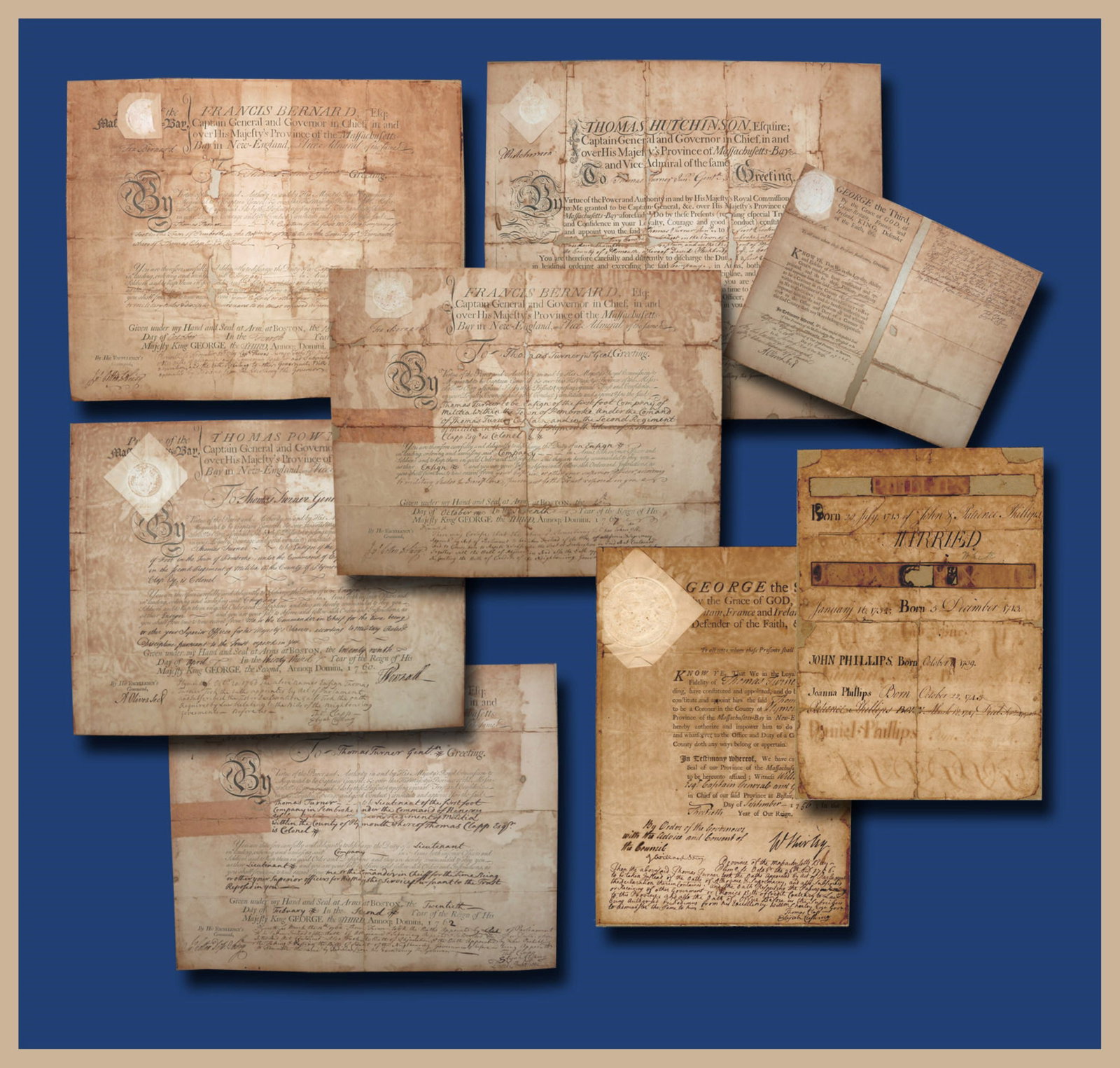 Minutemen at Lexington Concord! 8 Military DS From 4 Different Massachusetts Colonial Govs Re: (1 of 9)
