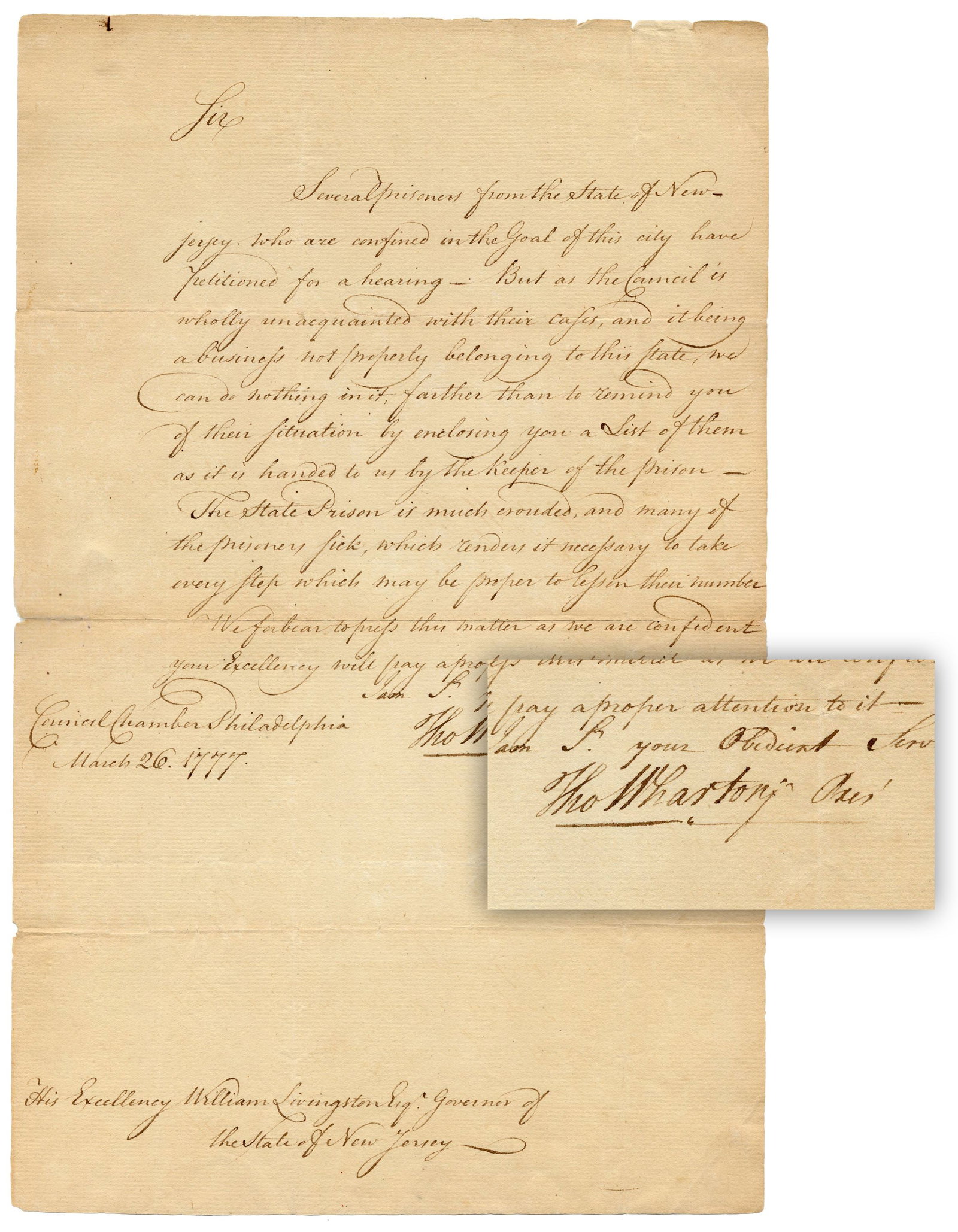 Thomas Wharton LS to William Livingston Re: NJ Prisoners in Philadelphia Prison, Possibly Loyalists (1 of 8)
