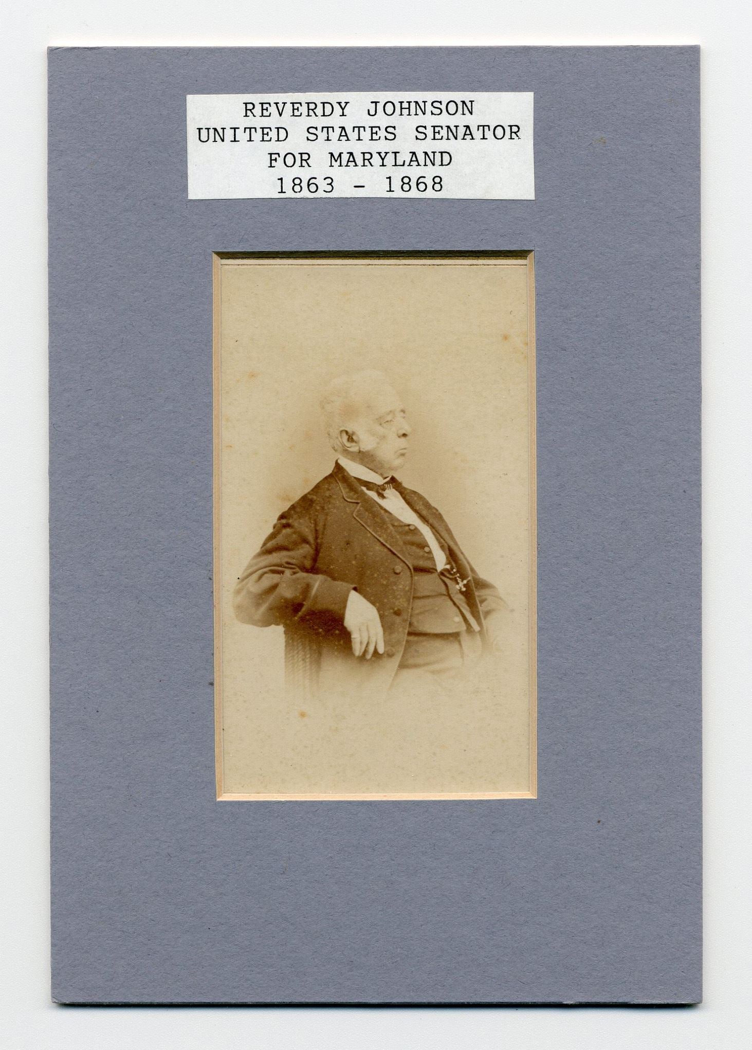 Reverdy Johnson CDV After Alexander Gardner: Reverdy Johnson CDV After Alexander Gardner A period carte de visite depicting U.S. Senator from Maryland Reverdy Johnson (1796-1876) after Alexander Gardner (1821-1882). No place and no date but ca.