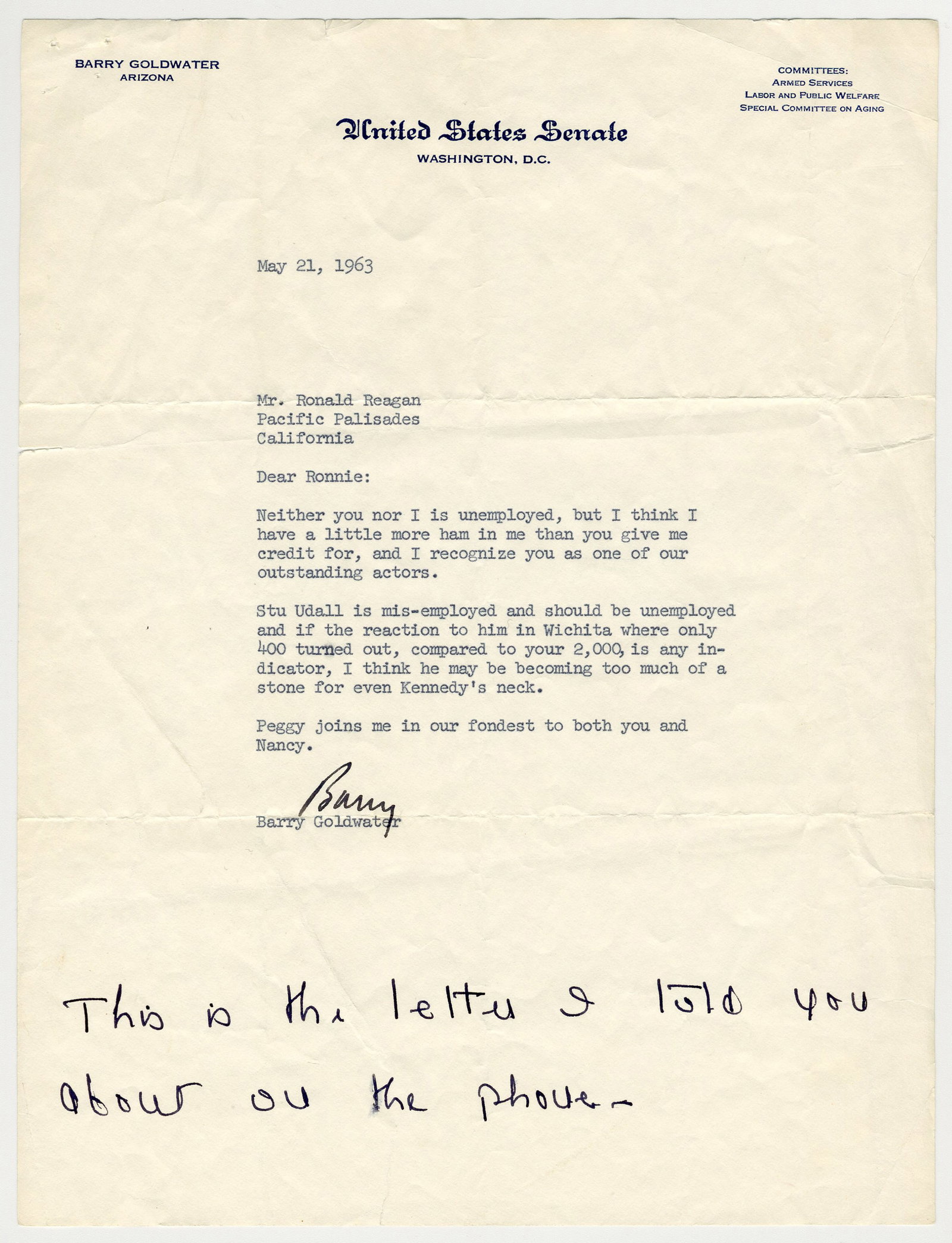 Nancy Reagan AN On Barry Goldwater TLS Re: 1963 Ronald Reagan Kansas Campaigning, & Stu Udall's (1 of 3)