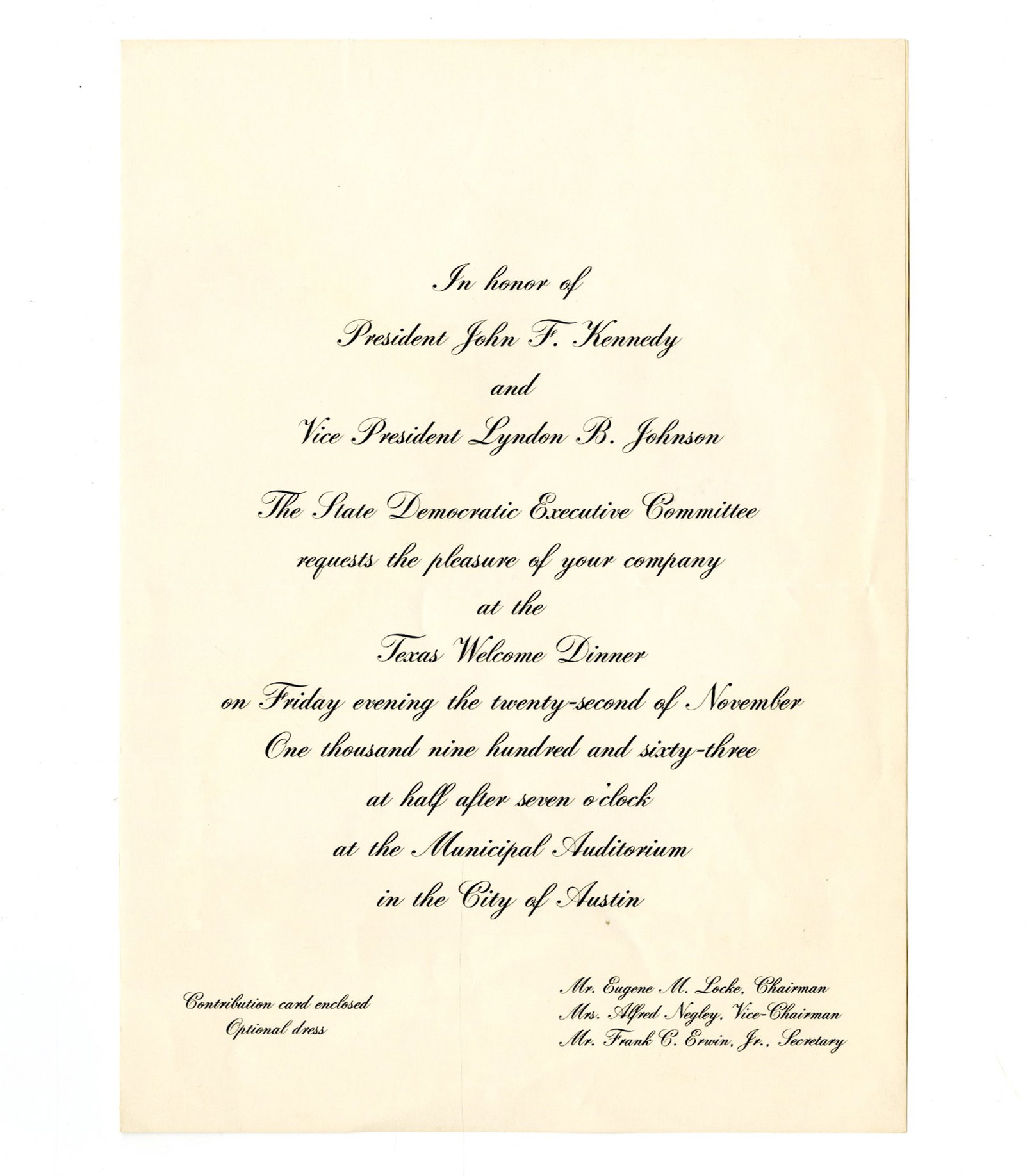 John F. Kennedy 1963 Texas Welcome Dinner Invitation (1 of 1)