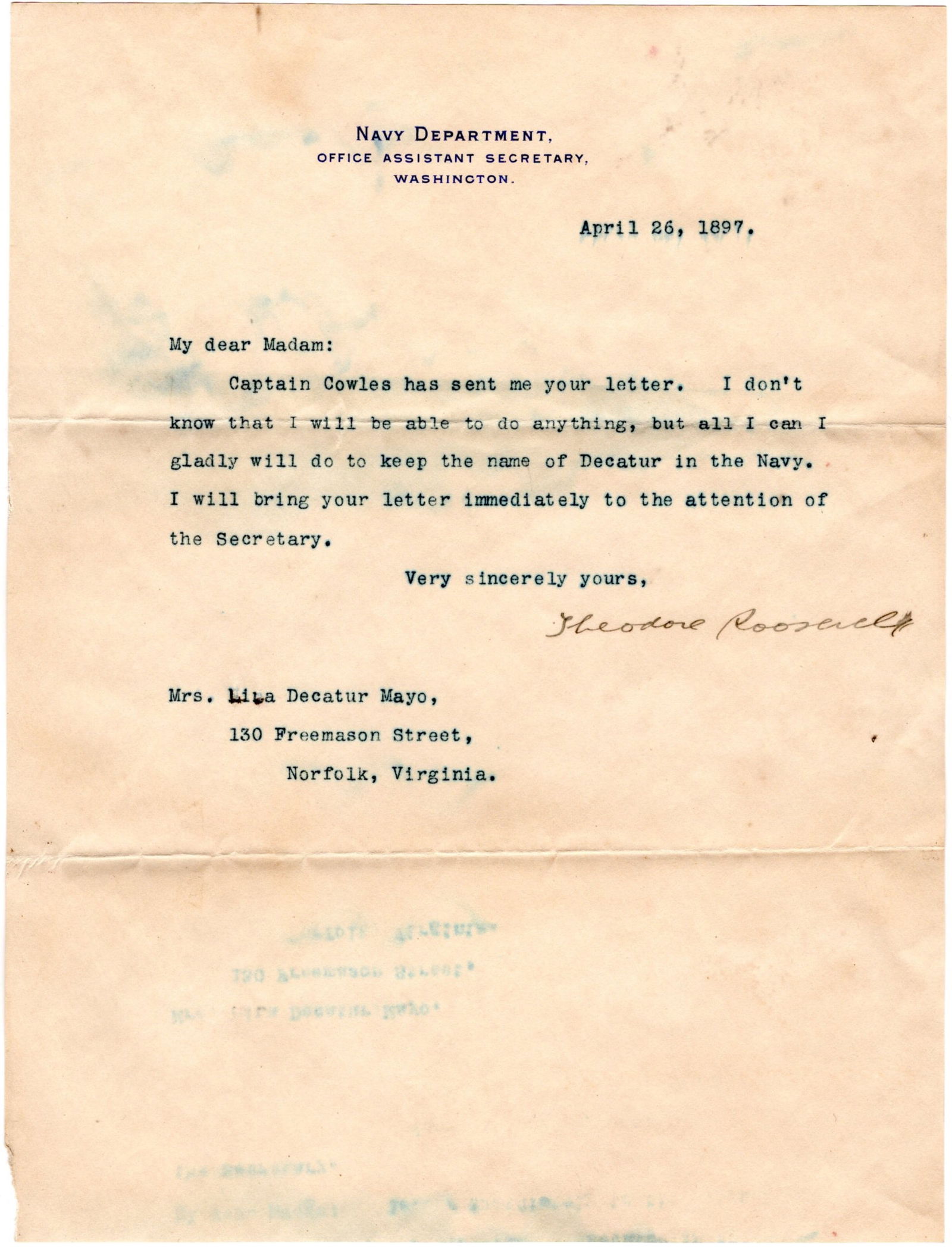 Theodore Roosevelt Writes to Grandniece of Commodore Stephen Decatur (1 of 2)