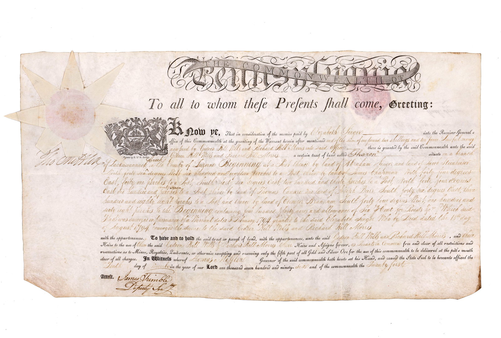 Thomas Mifflin 1796 Land Grant Signed as Governor of Pennsylvania (1 of 3)