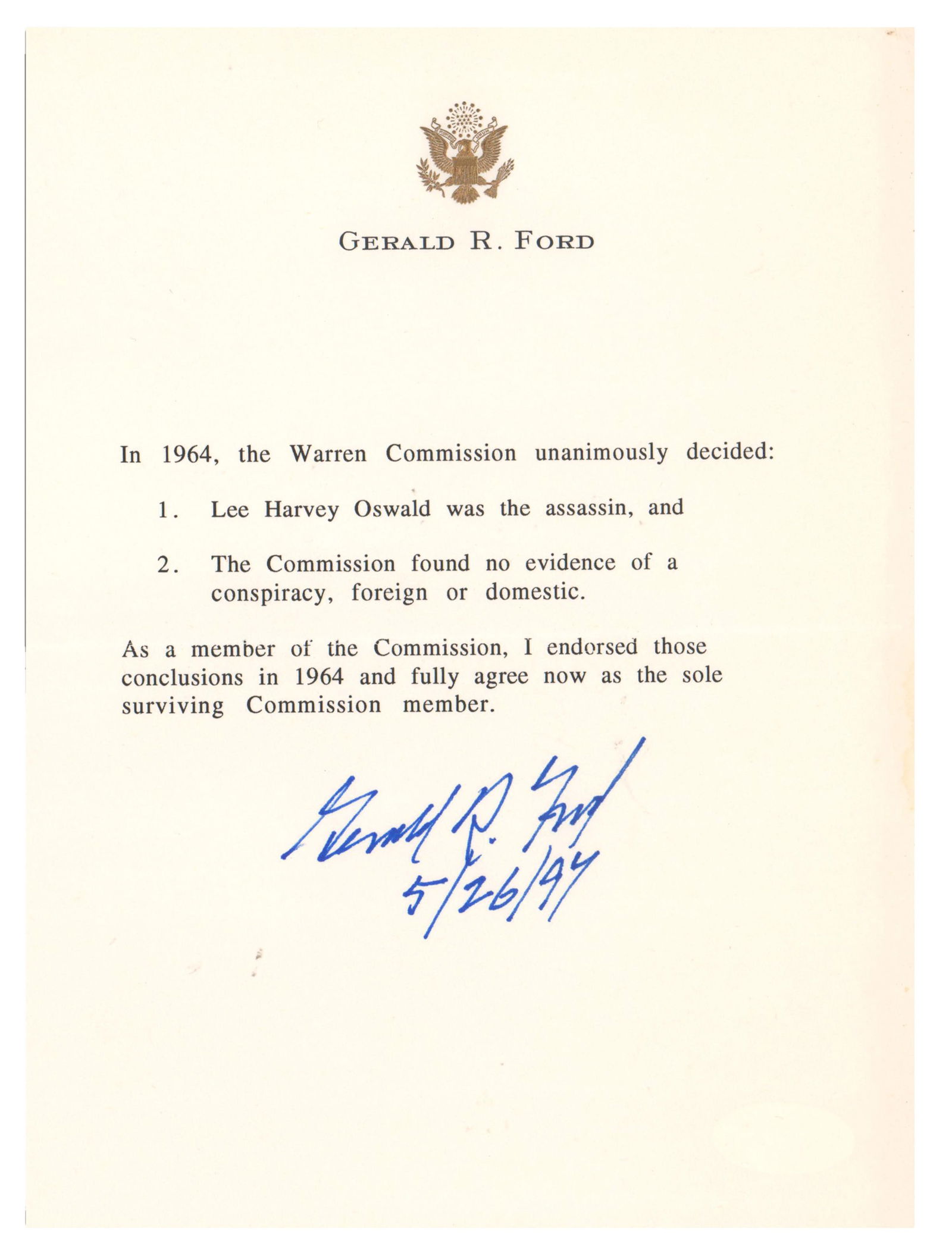 JFK Assassination: Gerald R. Ford Signed Warren Commission Statement, JSA (1 of 3)