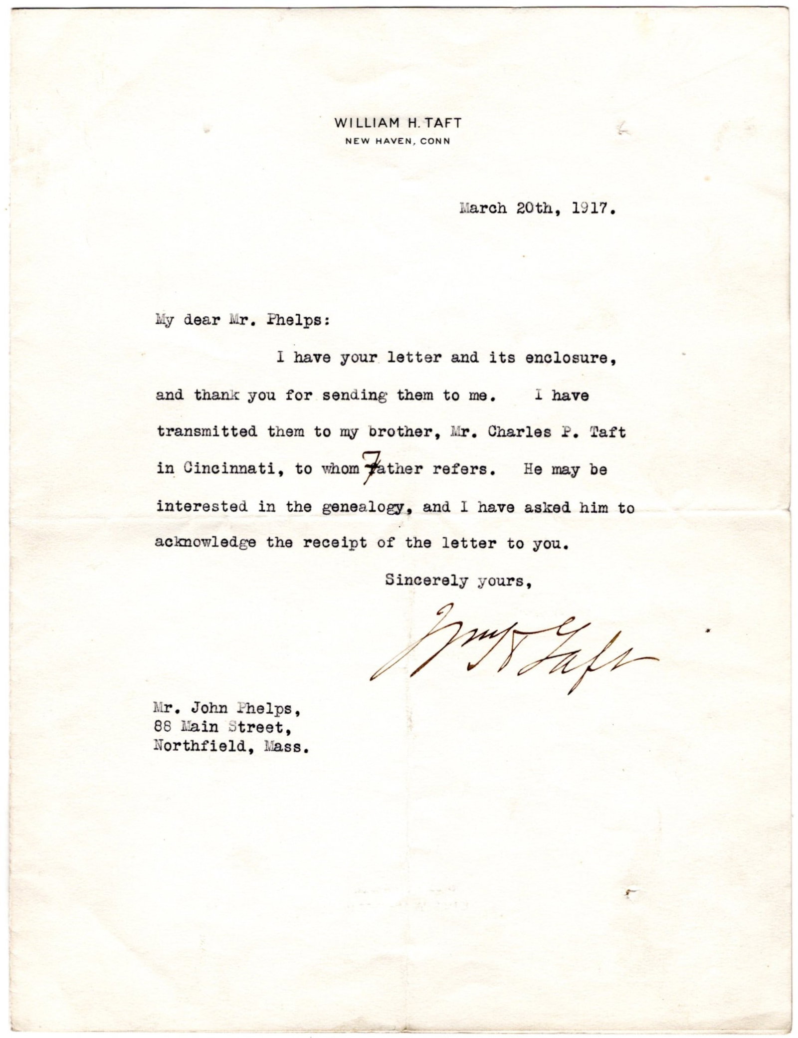 Former President William Howard Taft Thanks Correspondent for Genealogy (1 of 2)