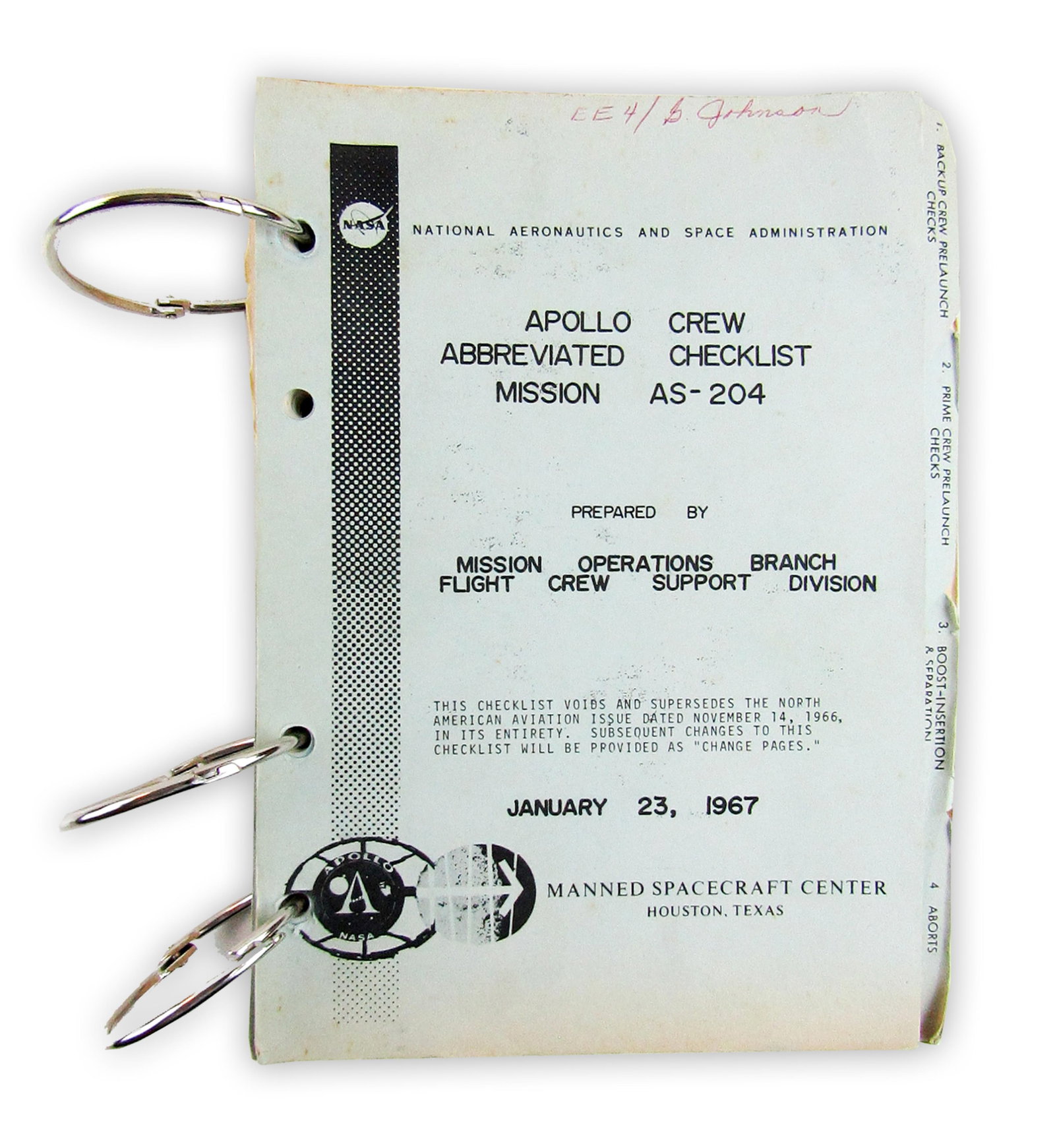 Rare Apollo 1 (AS-204) Crew Abbreviated Checklist, Dated 4 Days Prior to Fire (1 of 8)