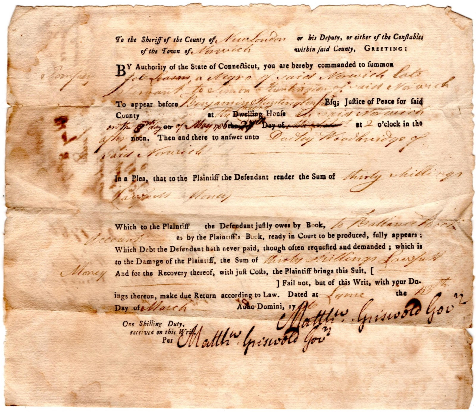 Summons for Free African American Veteran Signed Twice by Connecticut Governor! (1 of 3)