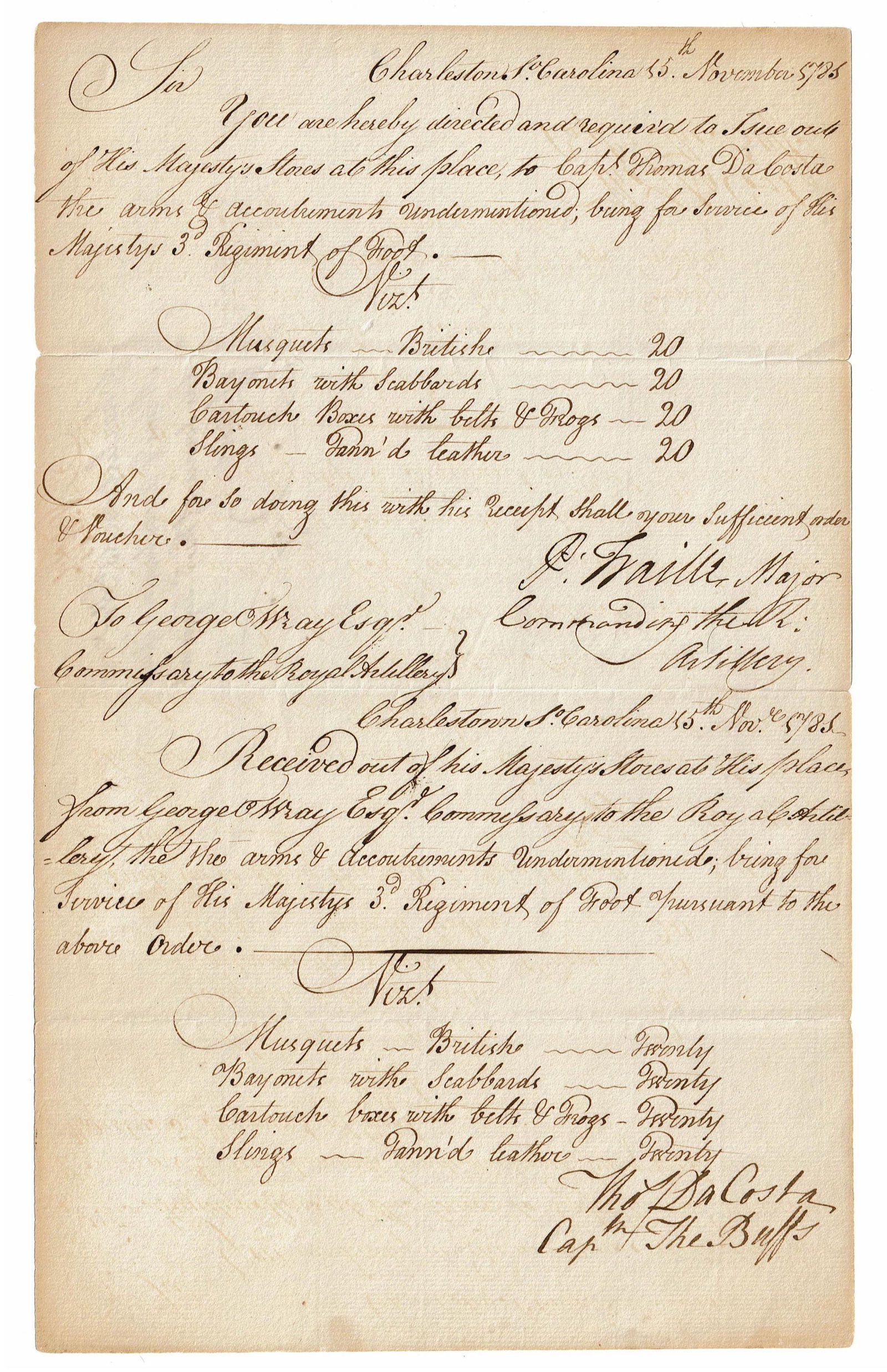 Rare 1781 Artillery Supply Order for His Majesty's 3rd Regiment of Foot, Charleston, SC (1 of 3)