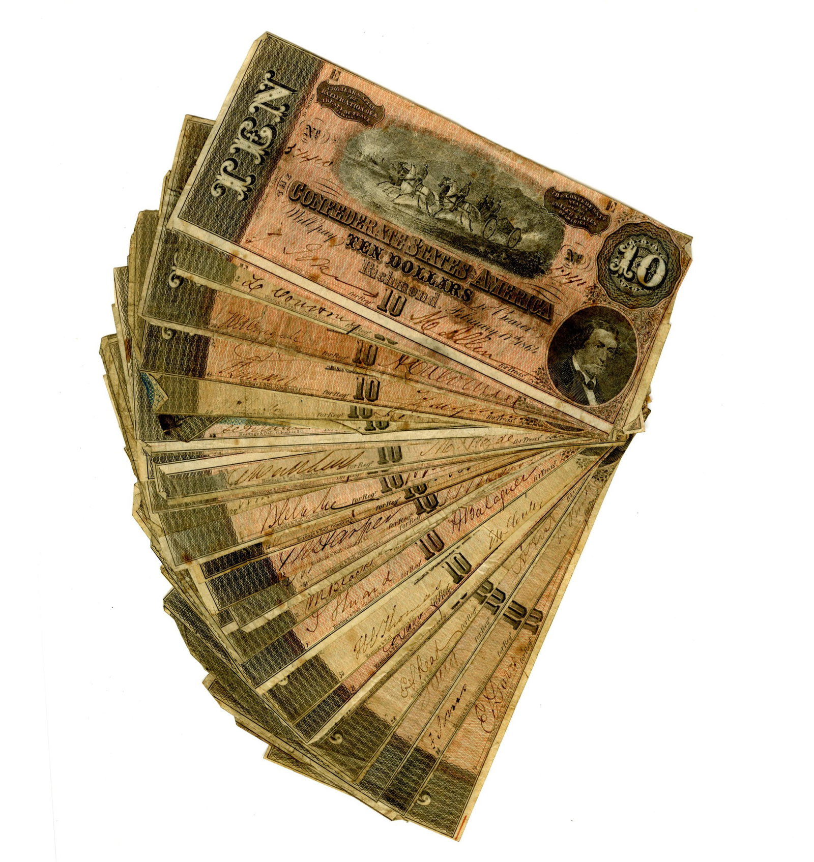 29 Confederate States of America $10 Bank Notes, War-Dated 1864 (1 of 5)