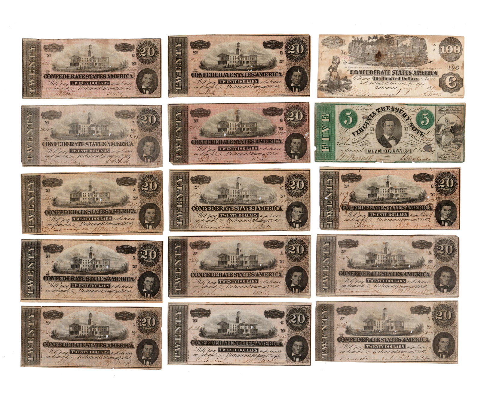 15 Confederate Bank Notes, $5, $20, and $100, War-Dated 1864 (1 of 2)