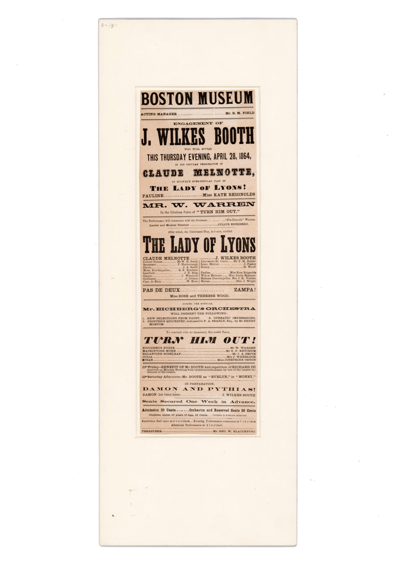 John Wilkes Booth 1864 Playbill for the Final Tour of His Acting Career (1 of 3)