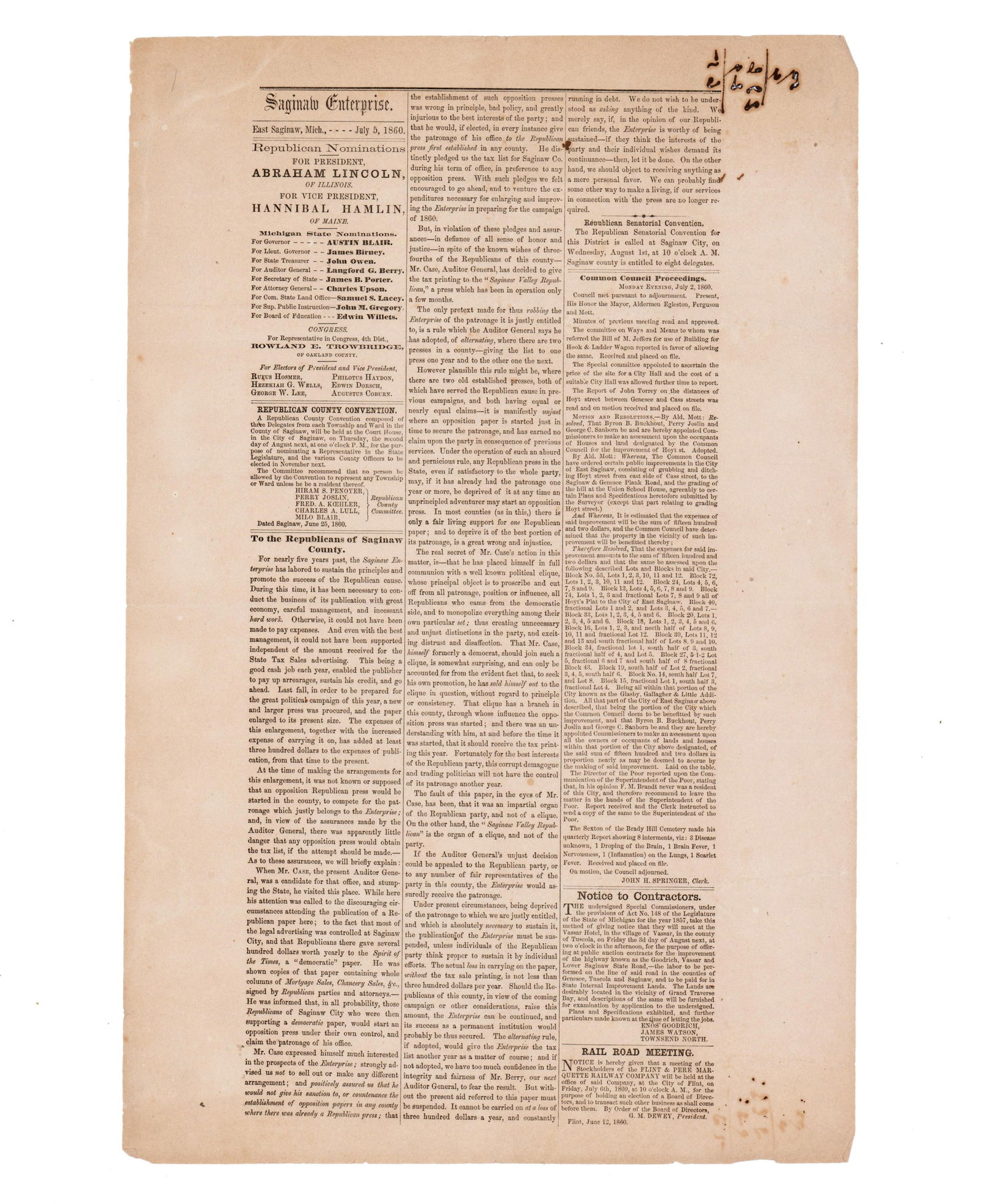 1860 Election Broadside for Nominees Lincoln and Hamlin (1 of 3)