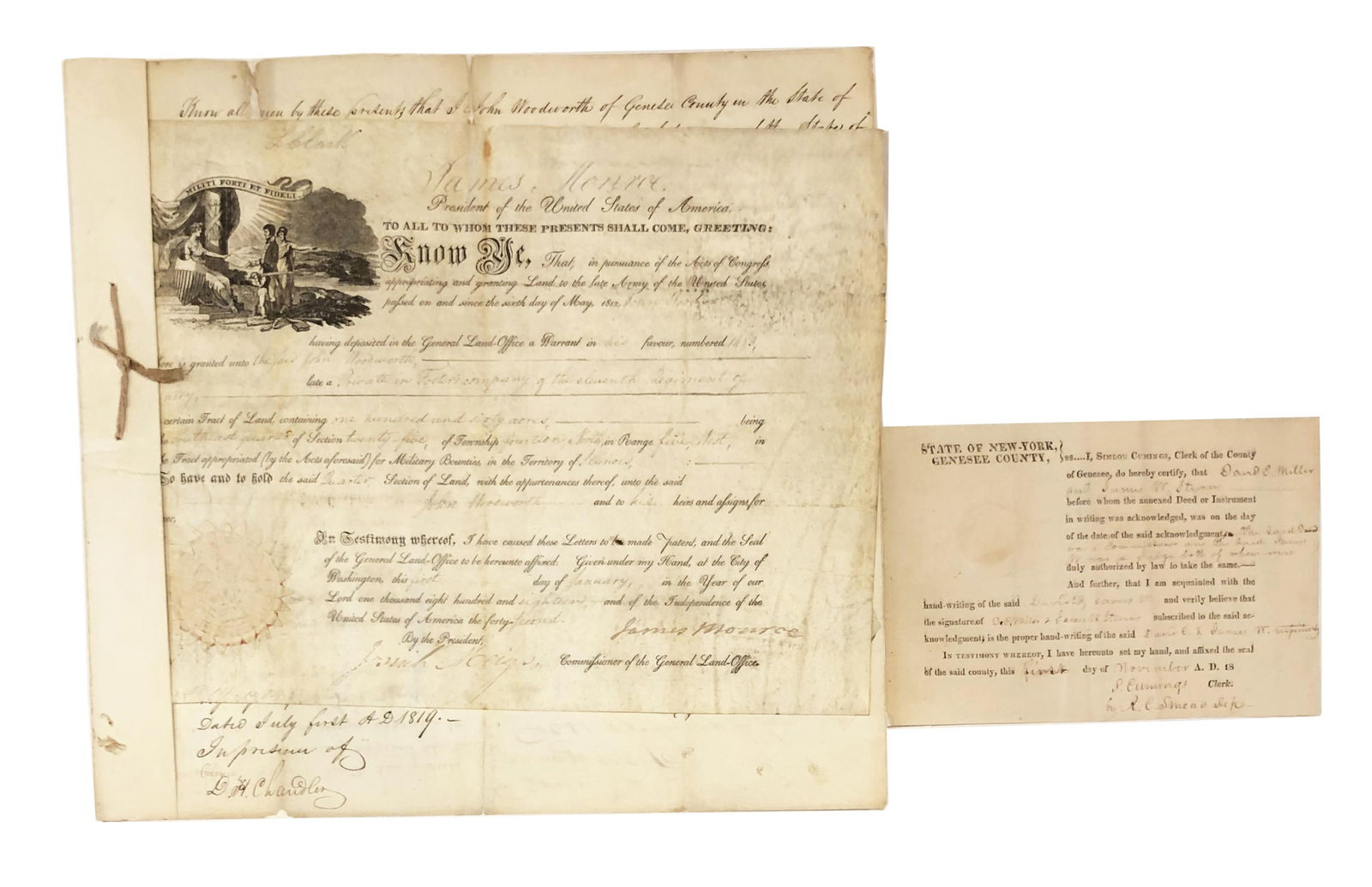 James Monroe Signed Land Grant to War of 1812 Soldier, Three Docs. Tied Together (1 of 4)
