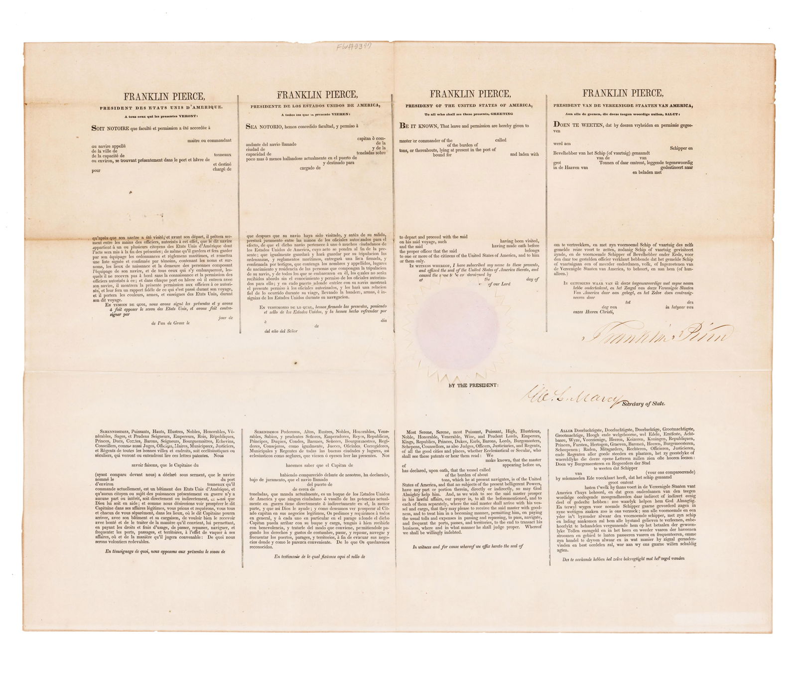Franklin Pierce Signed Blank Four Languages Ships Papers (1 of 2)