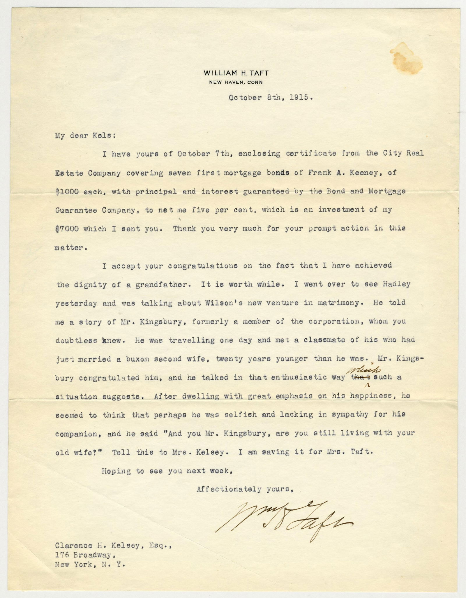 William H. Taft Biting TLS On Woodrow Wilson's "new venture in matrimony" (1 of 2)