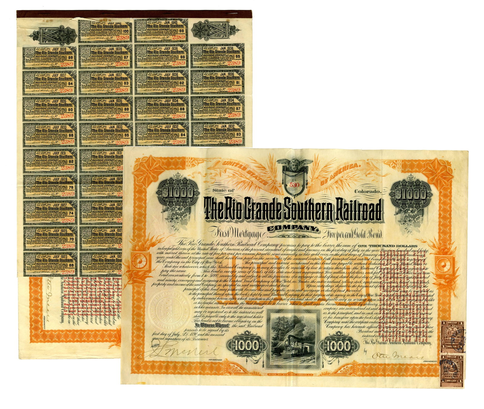Otto Mears Signed Pair of Rio Grande Southern Railroad Co. $1000 Bonds (1 of 7)