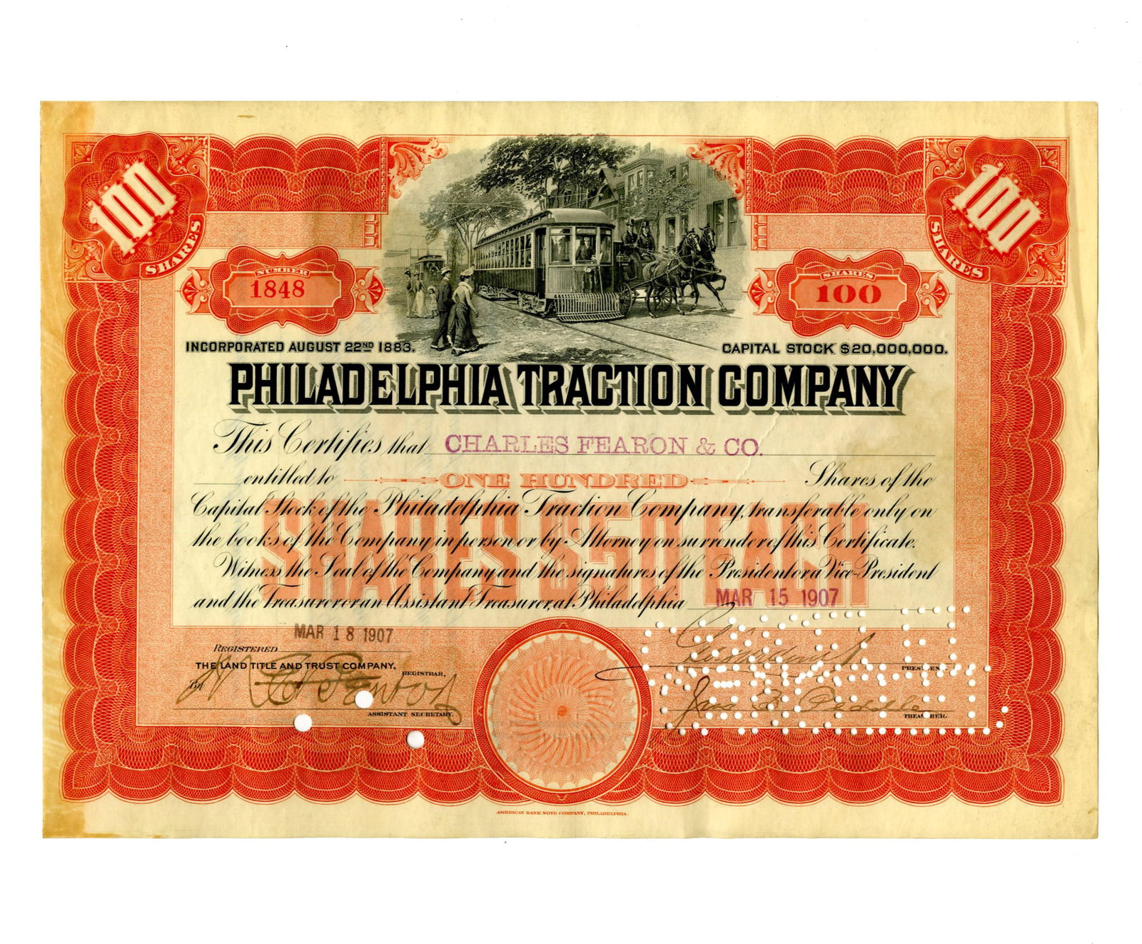 Titanic Victim George Widener Signed Philadelphia Traction Co. Stock Certificate: George Widener Philadelphia, PA, March 15, 1907 Titanic Victim George Widener Signed Philadelphia Traction Co. Stock Certificate DS A stock certificate from The Philadelphia Traction Company signed by