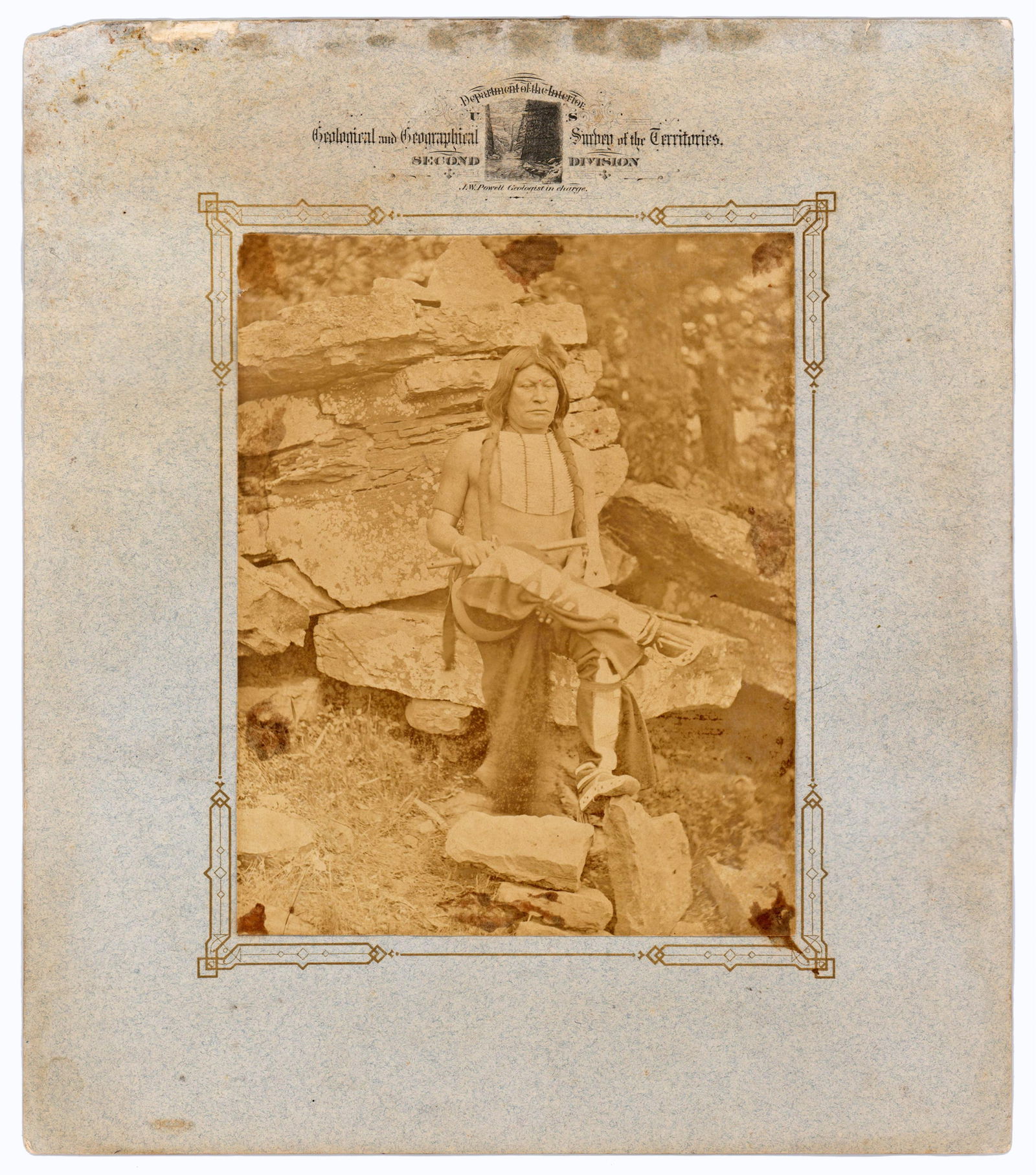 Cheyenne Warrior Photographed by J.K. Hillers, Chief Photographer of J.W. Powell 1870s Survey: Native American [Okmulgee, Eastern Indian Territory], ca. 1875 Cheyenne Warrior Photographed by J.K. Hillers, Chief Photographer of J.W. Powell 1870s Survey Expeditions Photographic print An albumen s