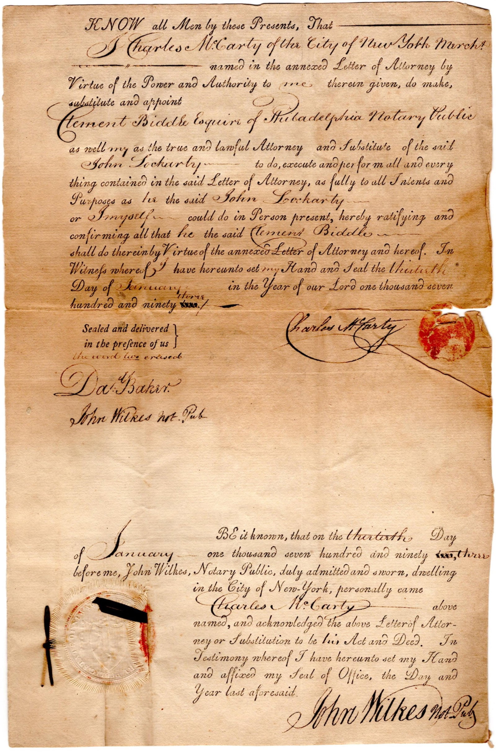 Philadelphia Quaker Merchant and Friend of Washington Clement Biddle Handles Business for New York: Clement Biddle New York, NY, January 30, 1793 Philadelphia Quaker Merchant and Friend of Washington Clement Biddle Handles Business for New York Veteran Partially printed DS [CLEMENT BIDDLE.] Charles 