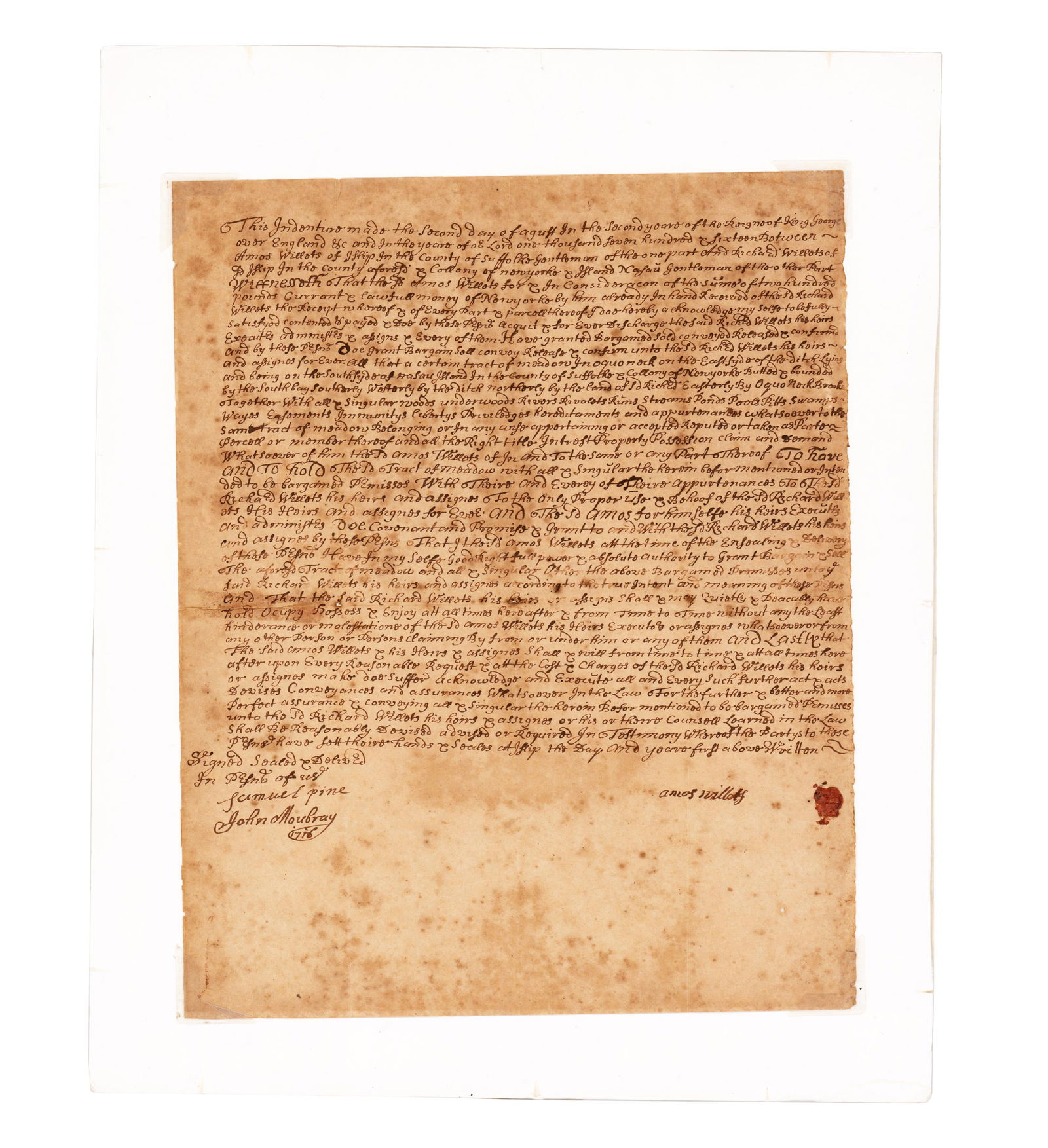 Colonial NY 1708 Indenture for Meadow Land In NY, Countersigned by John Mowbray (1 of 3)