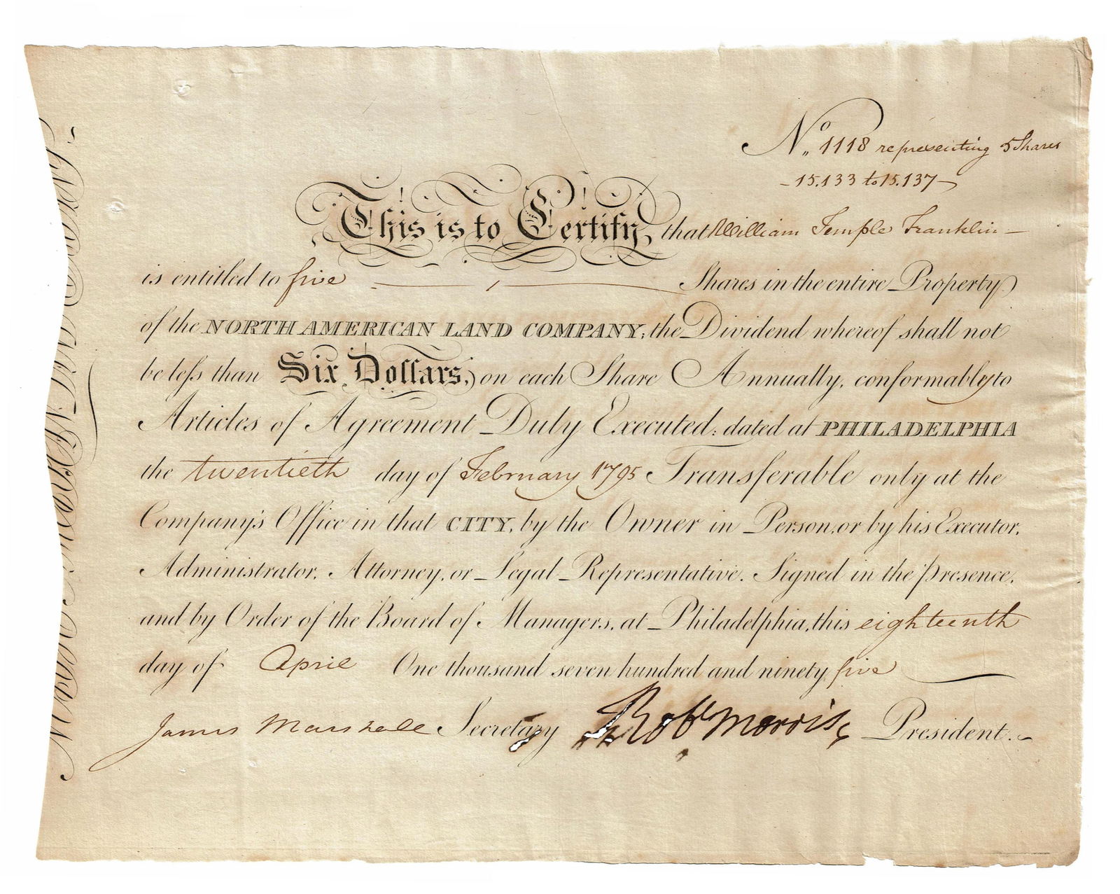 Robert Morris Signed Shares of Stock to Ben Franklin’s Grandson, William Temple Franklin (1 of 2)