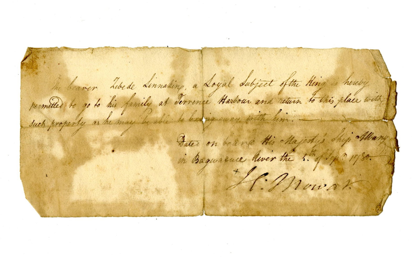 Henry Mowat Leave Pass Signed Aboard "Wretched" H.M.S. Albany: Henry Mowat Maine, September 5, 1780 Henry Mowat Leave Pass Signed Aboard "Wretched" H.M.S. Albany DS A leave pass signed by British Naval Captain Henry Mowat aboard the HMS Albany. 1p, measuring 8.75