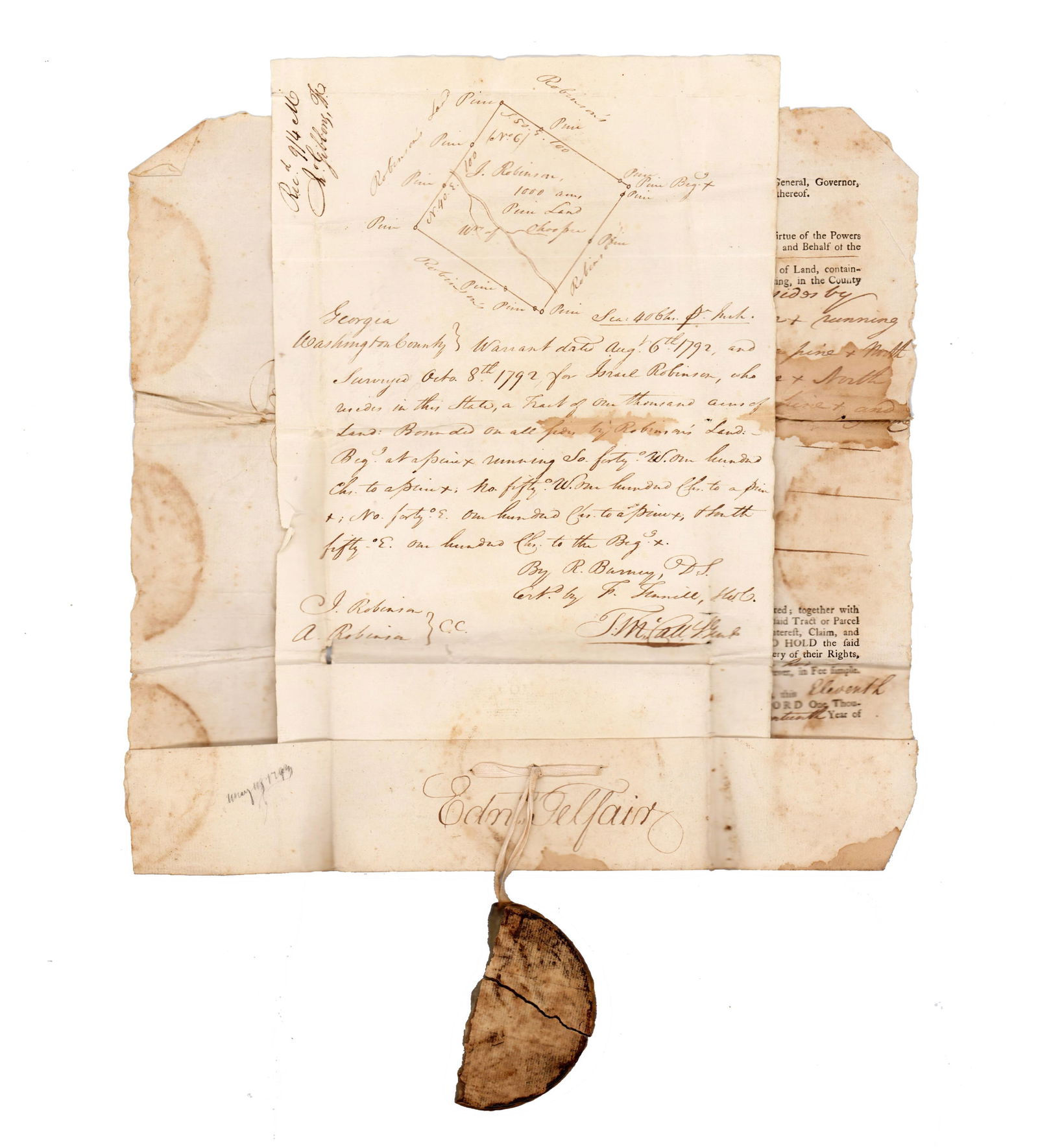 Edward Telfair Deed Signed with Large Seal 1 Year Before Era of the Yazoo Land Frauds, 1793 (1 of 4)