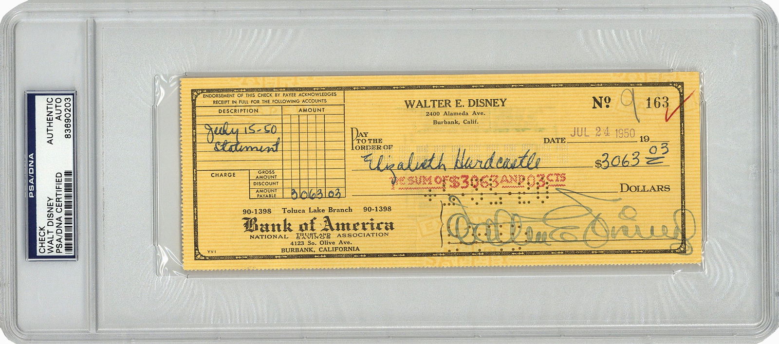 Superb Walt Disney Signed Check Five Days After "Treasure Island" Release! PSA/DNA: Walt Disney Burbank, July 24, 1950 Superb Walt Disney Signed Check Five Days After "Treasure Island" Release! PSA/DNA DS A fine association Disney check measuring 8.25" x 3.25", Burbank, California, J