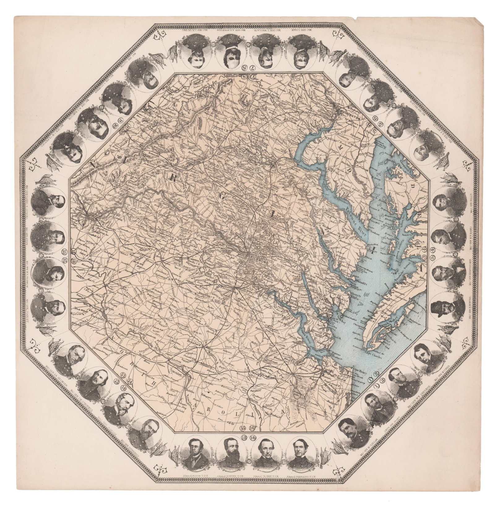 Rare Octagonal Map of Virginia ft. Portraits of 32 Civil War Heroes: Civil War n.p., ca. 1860s Rare Octagonal Map of Virginia ft. Portraits of 32 Civil War Heroes Map An octagonal map centered around the city of Richmond, Virginia and its environs, flanked by the engra