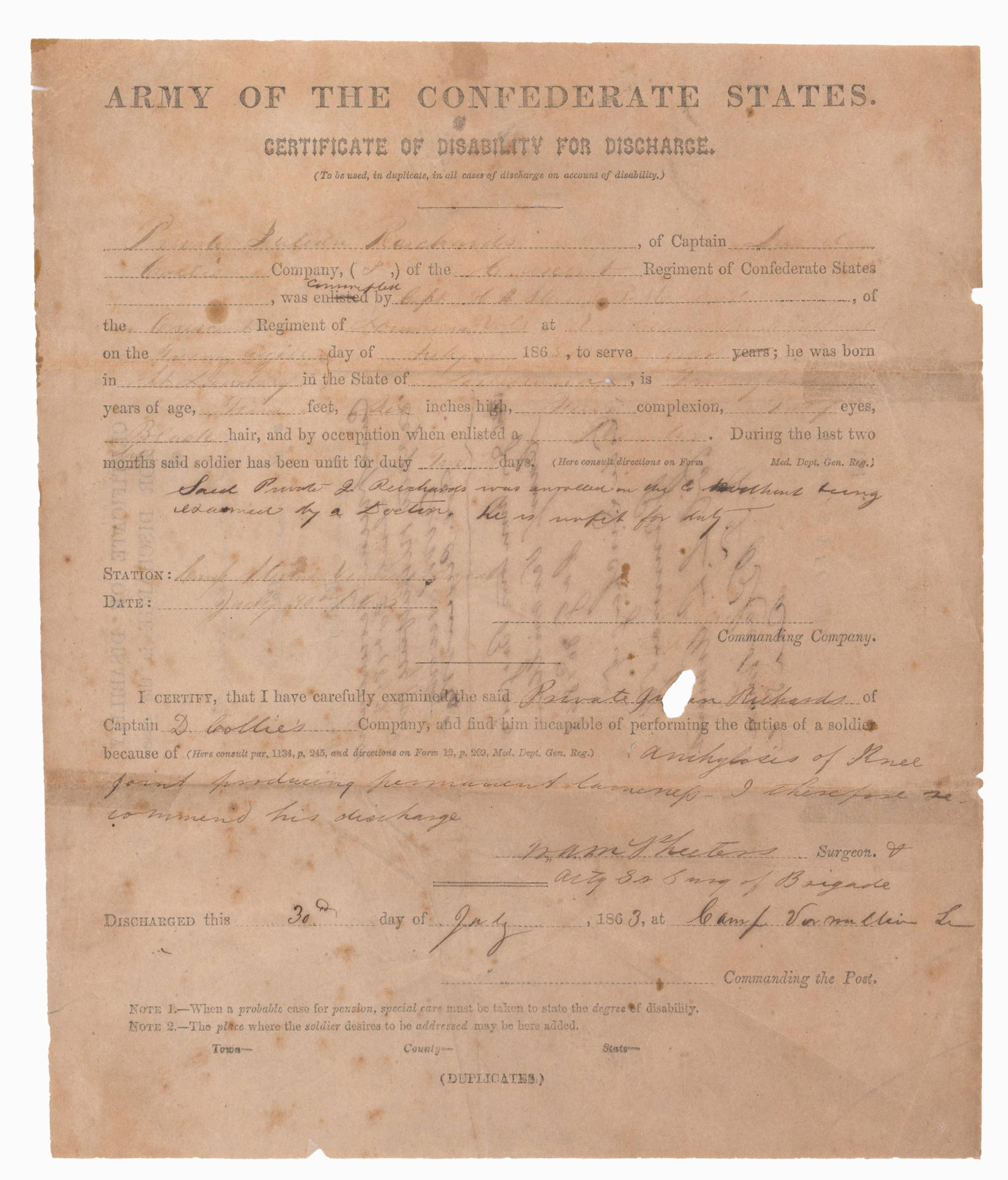Confederate Discharge of Private in the Consolidated Crescent Regiment (1 of 1)