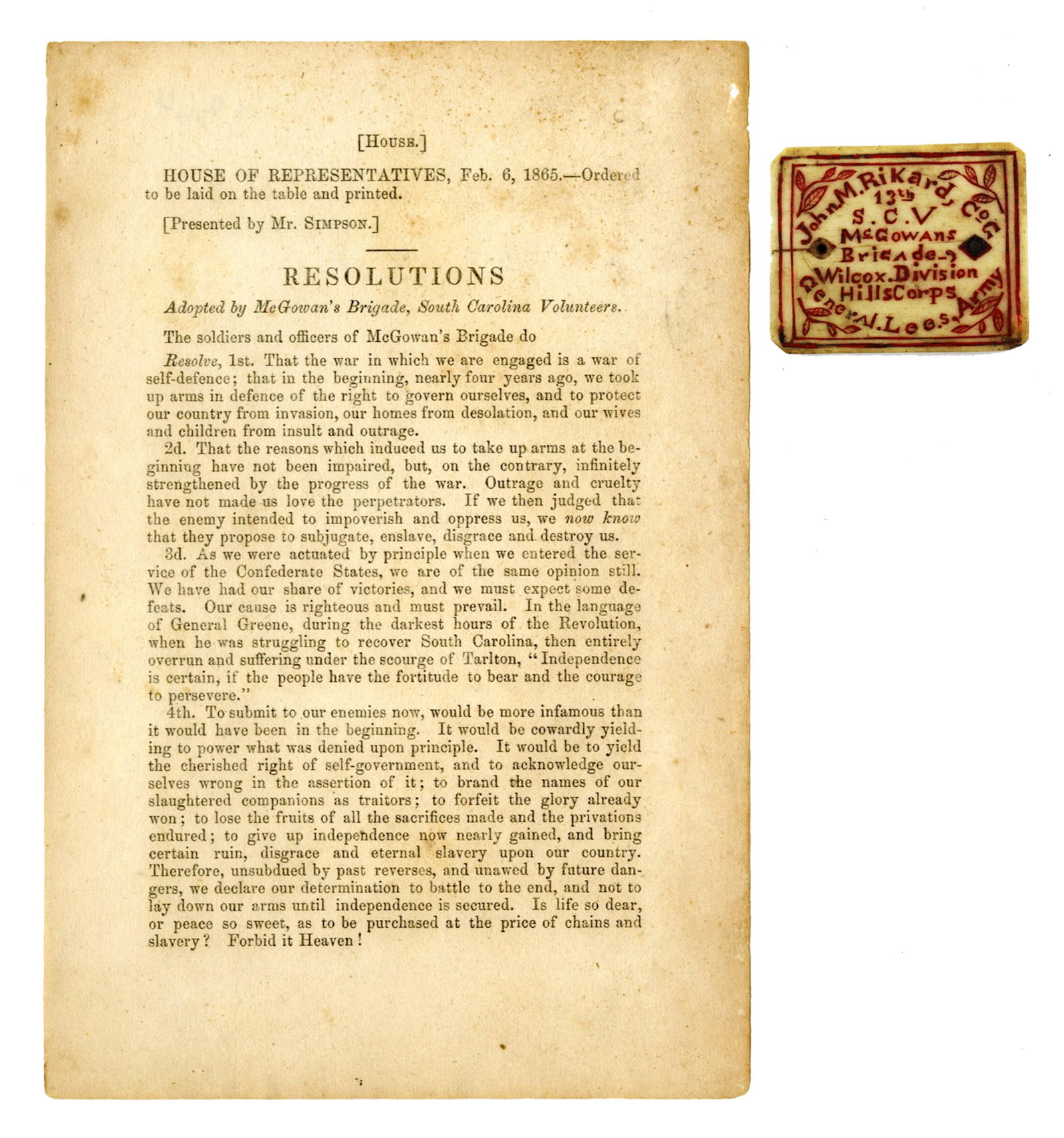 South Carolina "Battle to the end" Broadside and Soldier's Bone ID Tag: Confederate South Carolina, ca. February 6, 1865 South Carolina "Battle to the end" Broadside and Soldier's Bone ID Tag Archive A printed Confederate Civil War broadside, together with a carved bone I