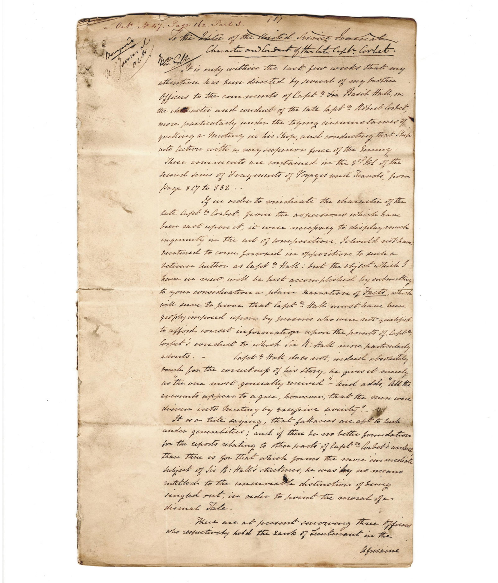 Eyewitness Account to Mutiny/Possible Murder Against Controversial British Captain, 1830s: Robert Corbet Surrey, England, August 28, 1832 Eyewitness Account to Mutiny/Possible Murder Against Controversial British Captain, 1830s AMS A lengthy handwritten account by a British sailor of a muti