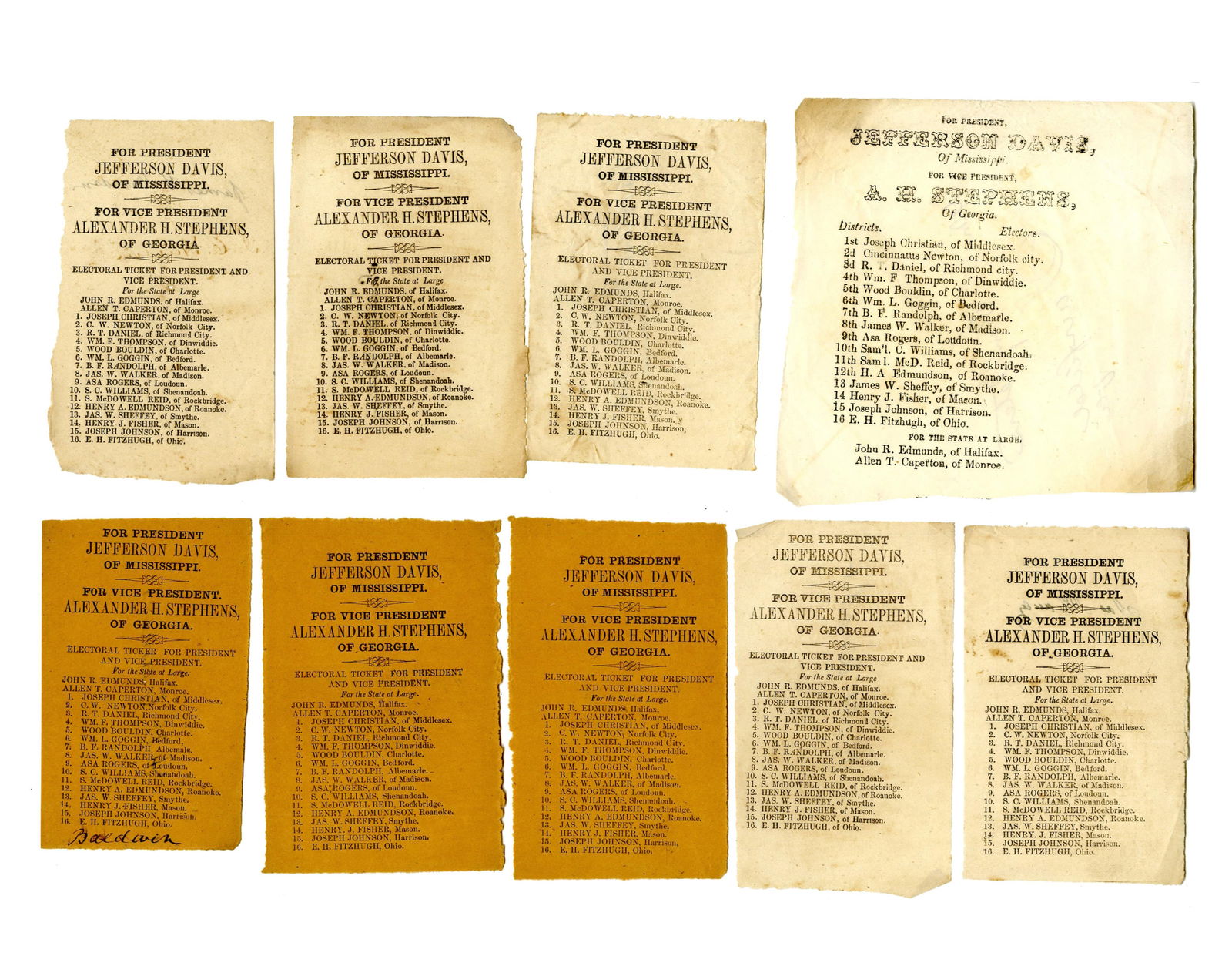 Nine 1861 Confederate Electoral Ballots For President and Vice President (1 of 2)