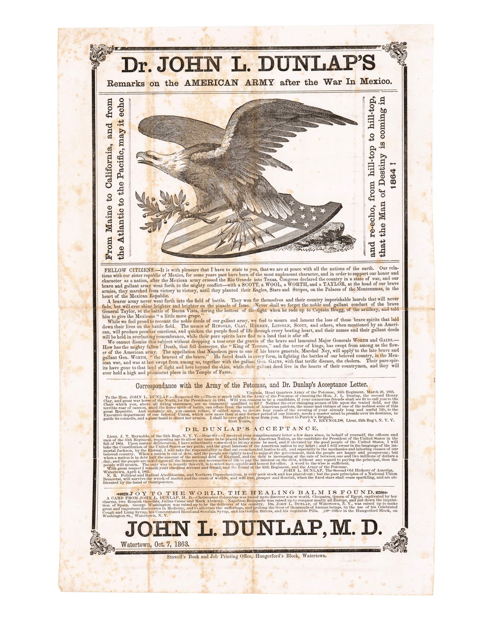 Dr. John L. Dunlap Election of 1864 Broadside (1 of 1)