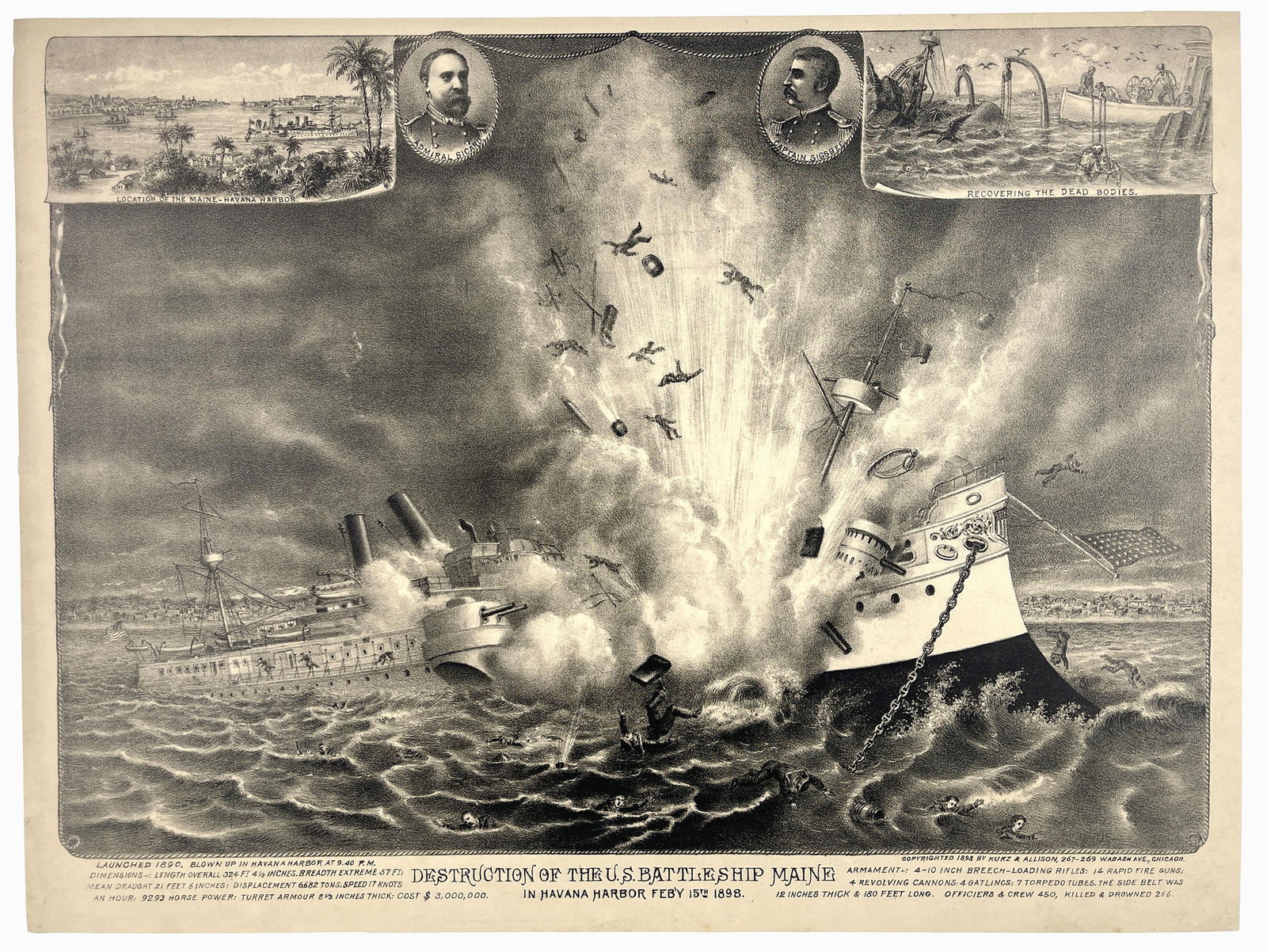 The Destruction of the Maine Lithograph by Kurz & Allison, 1898 Enourmous (1 of 1)