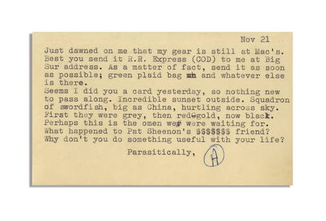 Hunter Thompson TLS from Beat Outpost, Big Sur, 1960: Hunter S. Thompson Big Sur, CA, November 21, 1960 Hunter Thompson TLS from Beat Outpost, Big Sur, 1960 TLS Hunter S. Thompson (1937-2005). Typed Letter Signed, "H" in a circle, 1p, on a postcard measu