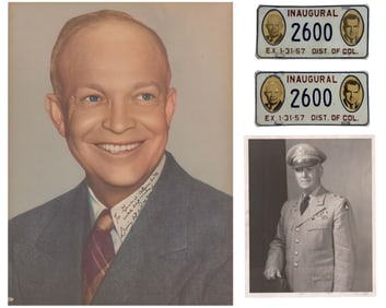 Dwight Eisenhower Signed Portrait & Inaugural License Plates of Gen. Abendroth