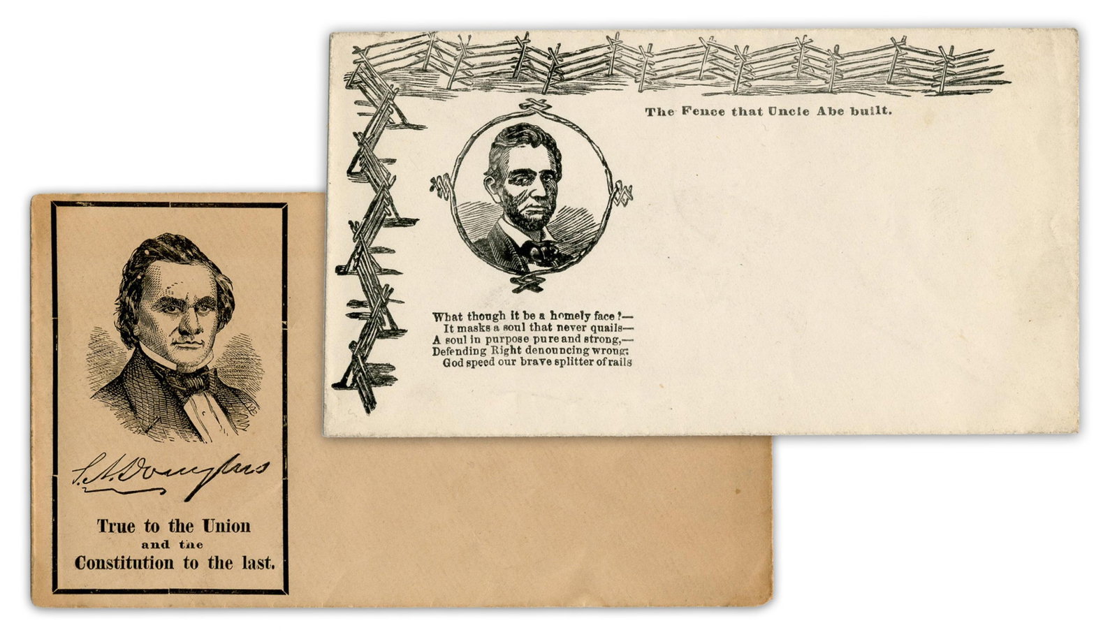 Abraham Lincoln & Stephen Douglas Civil War-Era Patriotic Envelopes, Near Fine!: Abraham Lincoln various, ca. early 1860s Abraham Lincoln & Stephen Douglas Civil War-Era Patriotic Envelopes, Near Fine! Envelopes A pair of Civil War-era envelopes, blank and unused, including one pu