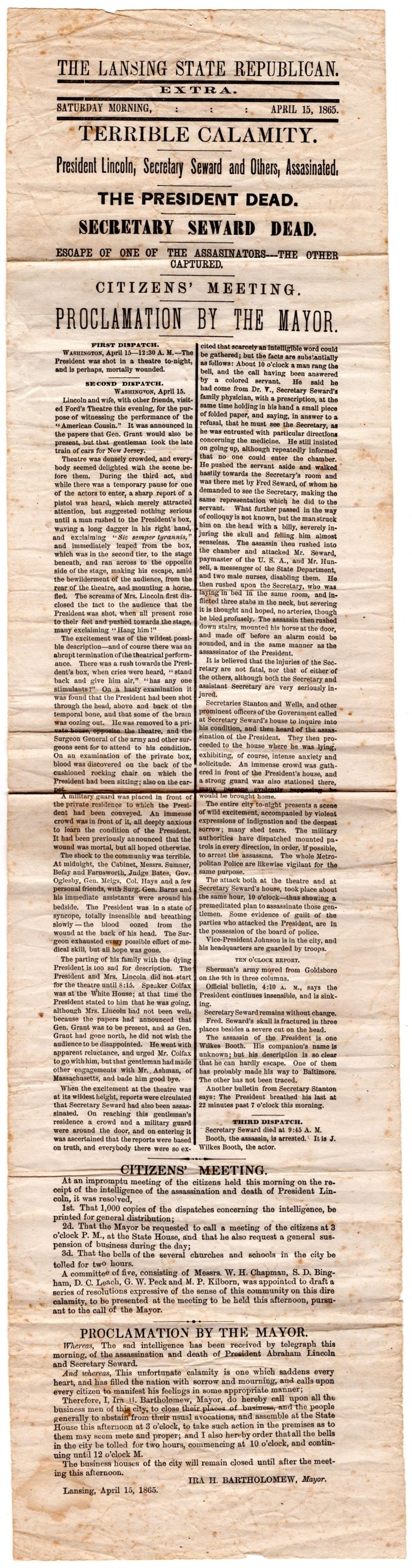 “Terrible Calamity,” Extremely Rare Michigan Broadside Extra From "Lansing State (1 of 2)