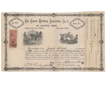 William McKinley Signed Canton Building Association Certificate