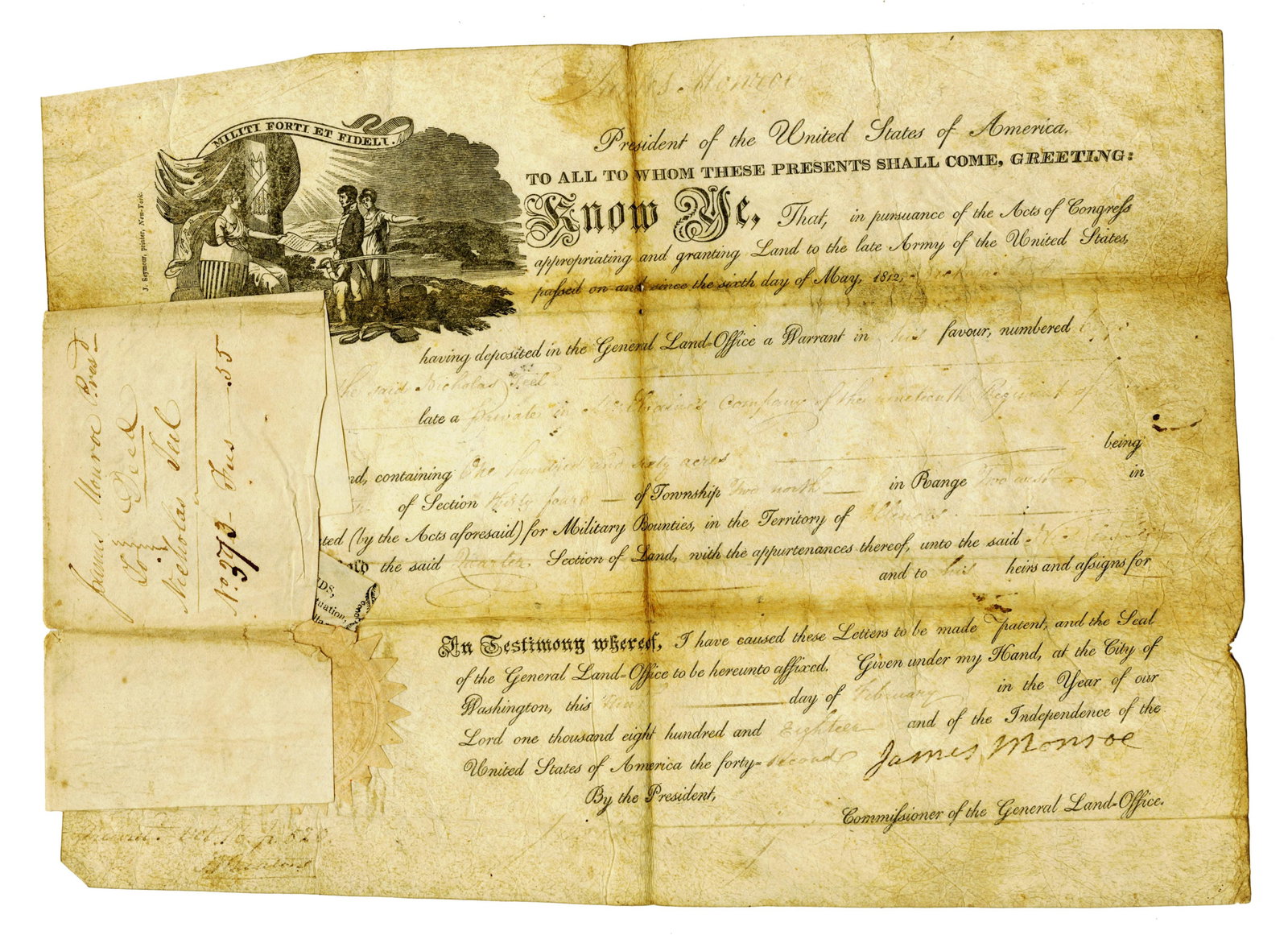 James Monroe Land Grant to War of 1812 Solider, PSA Authenticated (1 of 5)