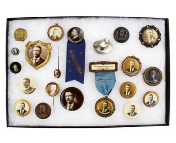 A Variety of 19 T. Roosevelt Pins with 2 FDR & J. Garner Pins