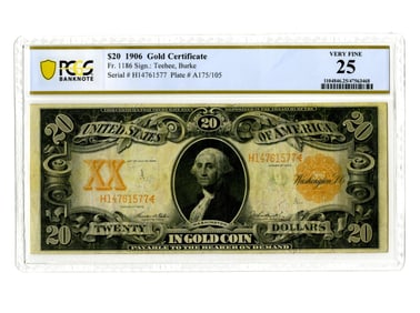 1906 $20 Gold Certificate Washington, PCGS Graded VF-25