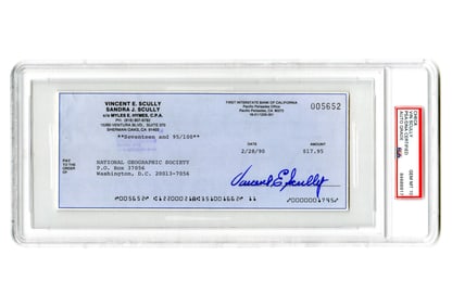 Vincent Scully Signed Check, PSA Graded GEM MT 10